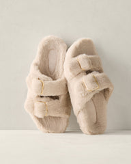 CAFE LATTE FAUX FUR BUCKLE MOLDED SLIPPERS | Talbots on sale