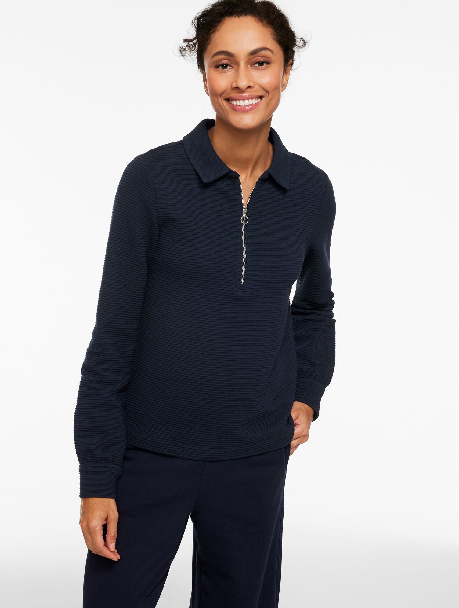 INDIGO BLUE|IVORY OTTOMAN KNIT HALF-ZIP PULLOVER | Talbots on sale
