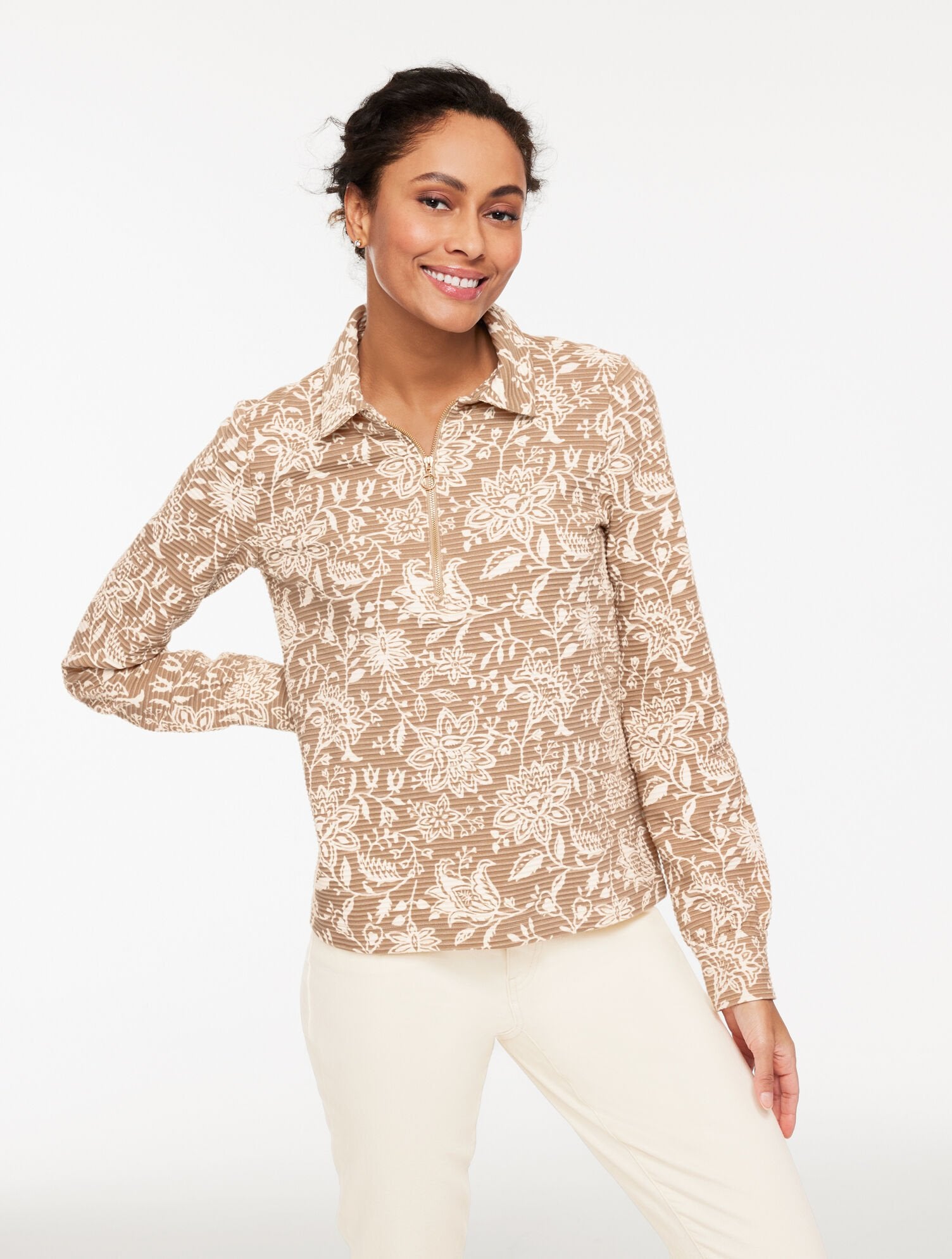 SESAME/IVORY OTTOMAN KNIT HALF-ZIP PULLOVER - DREAMY FLORAL | Talbots for sale