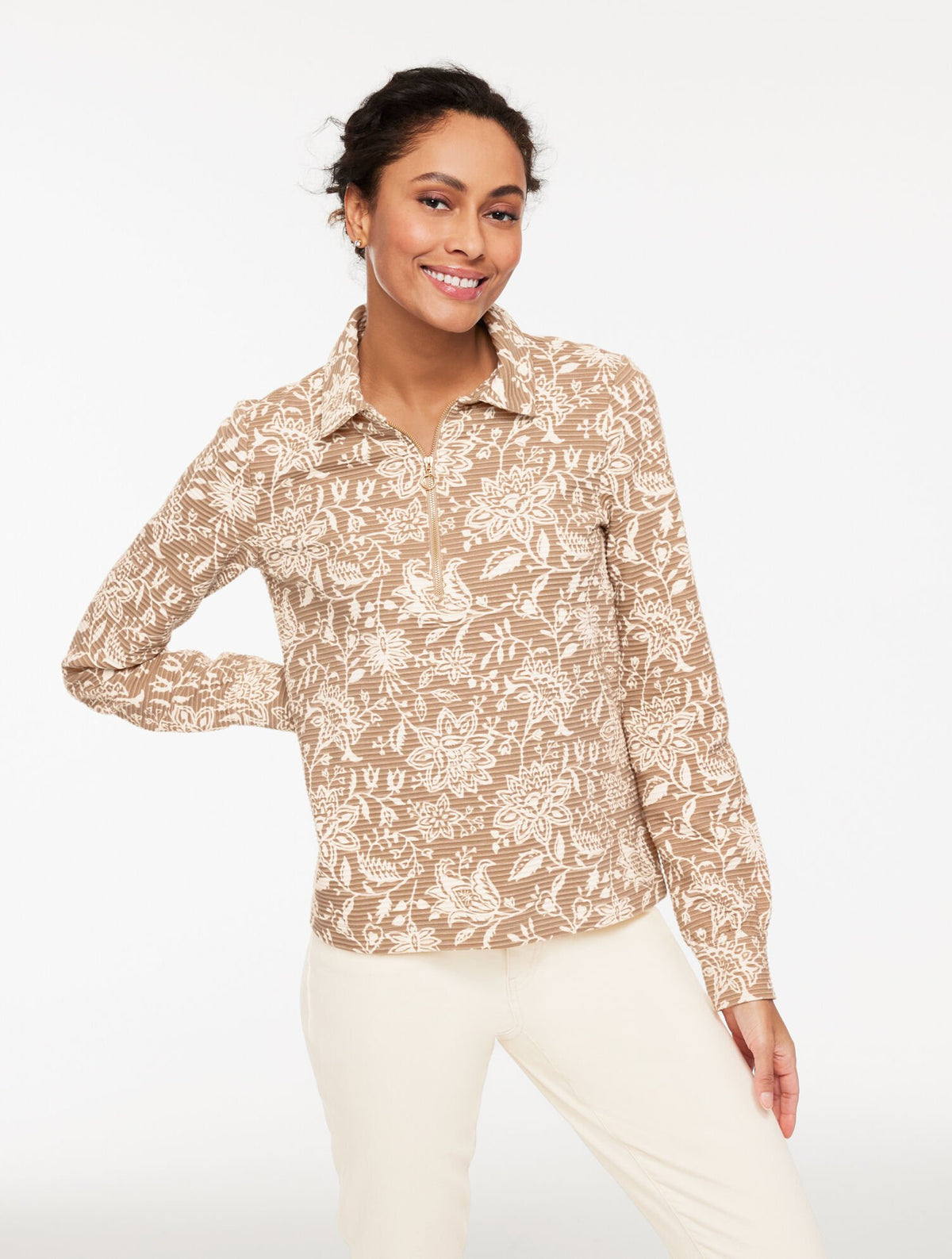 SESAME/IVORY OTTOMAN KNIT HALF-ZIP PULLOVER - DREAMY FLORAL | Talbots for sale