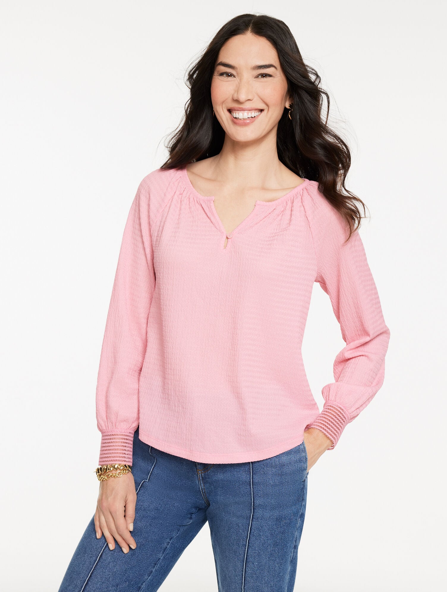 IVORY|ORCHID PINK CRINKLE SPLIT NECK TOP | Talbots US