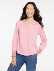 IVORY|ORCHID PINK CRINKLE SPLIT NECK TOP | Talbots US