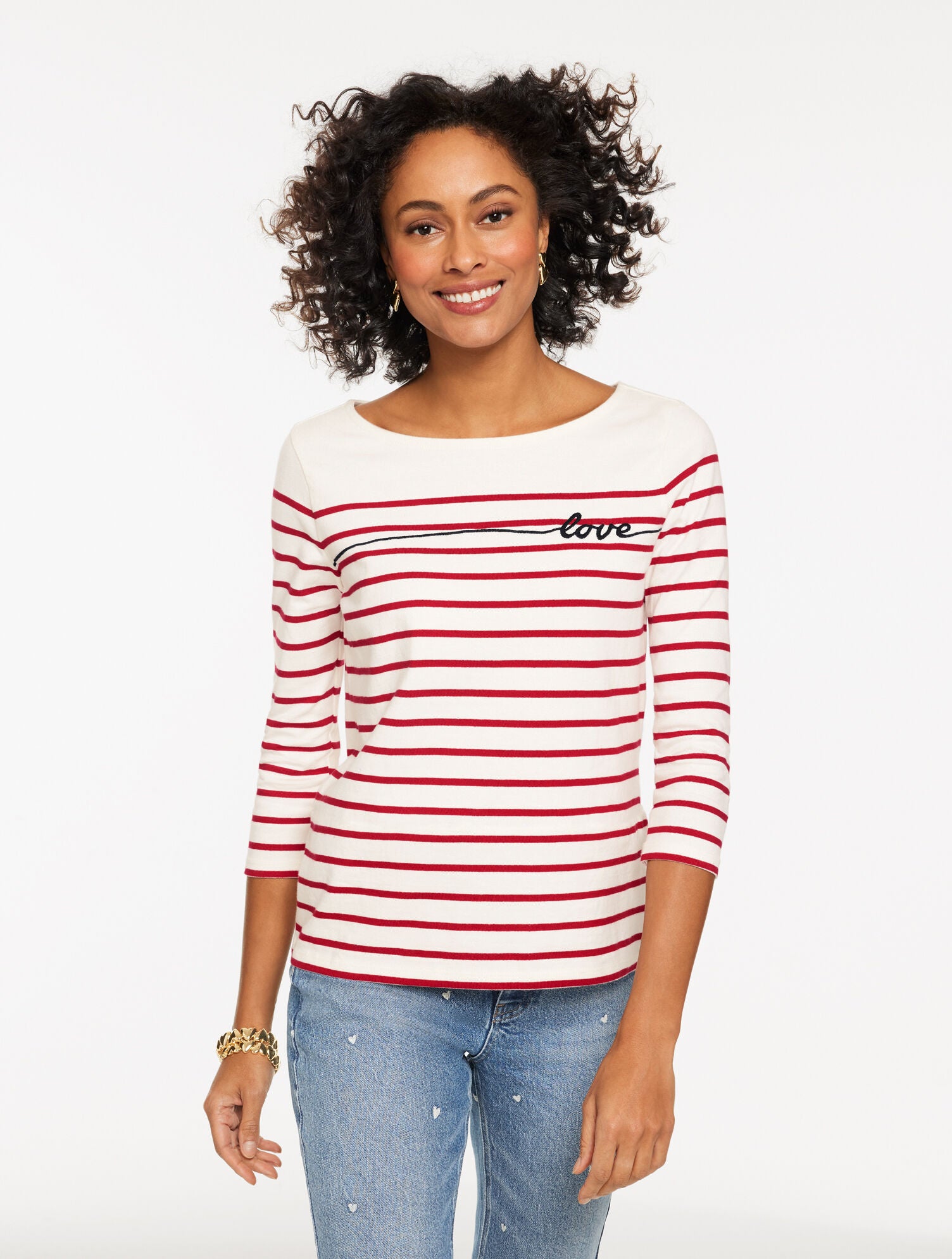 IVORY/RED POP BATEAU NECK TEE - LOVE STRIPE | Talbots on sale
