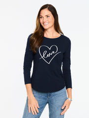 INDIGO BLUE LONG SLEEVE CREWNECK TEE - LOVE HEART | Talbots US