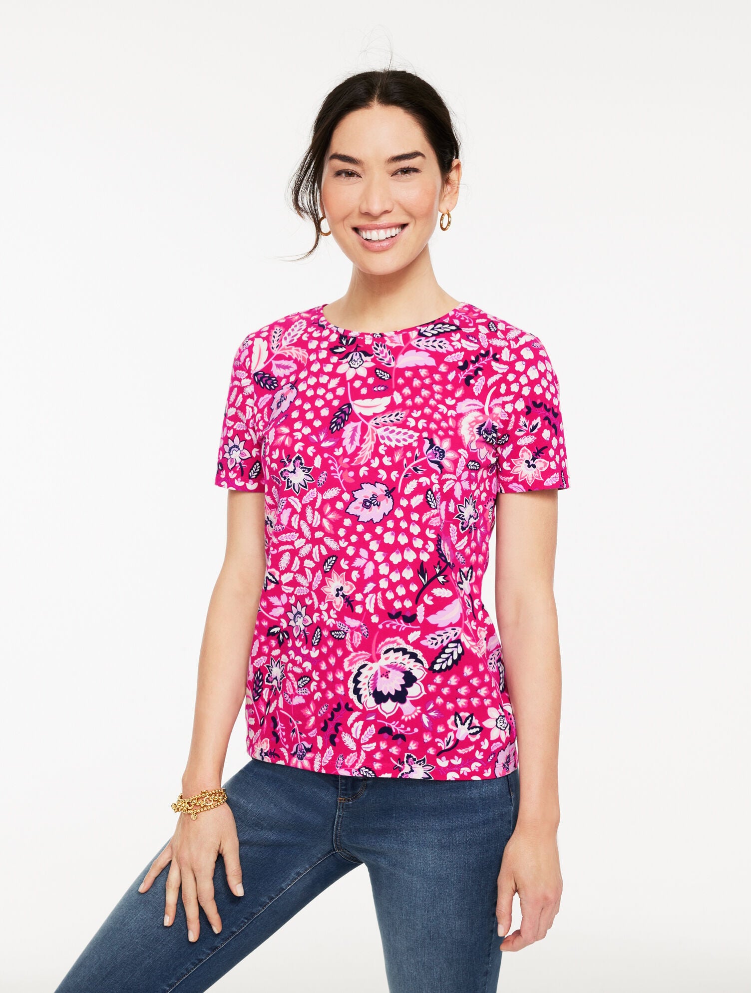 CHERRY WINE/BRIGHT PINK CREWNECK TEE - JOYFUL JACOBEAN | Talbots near me