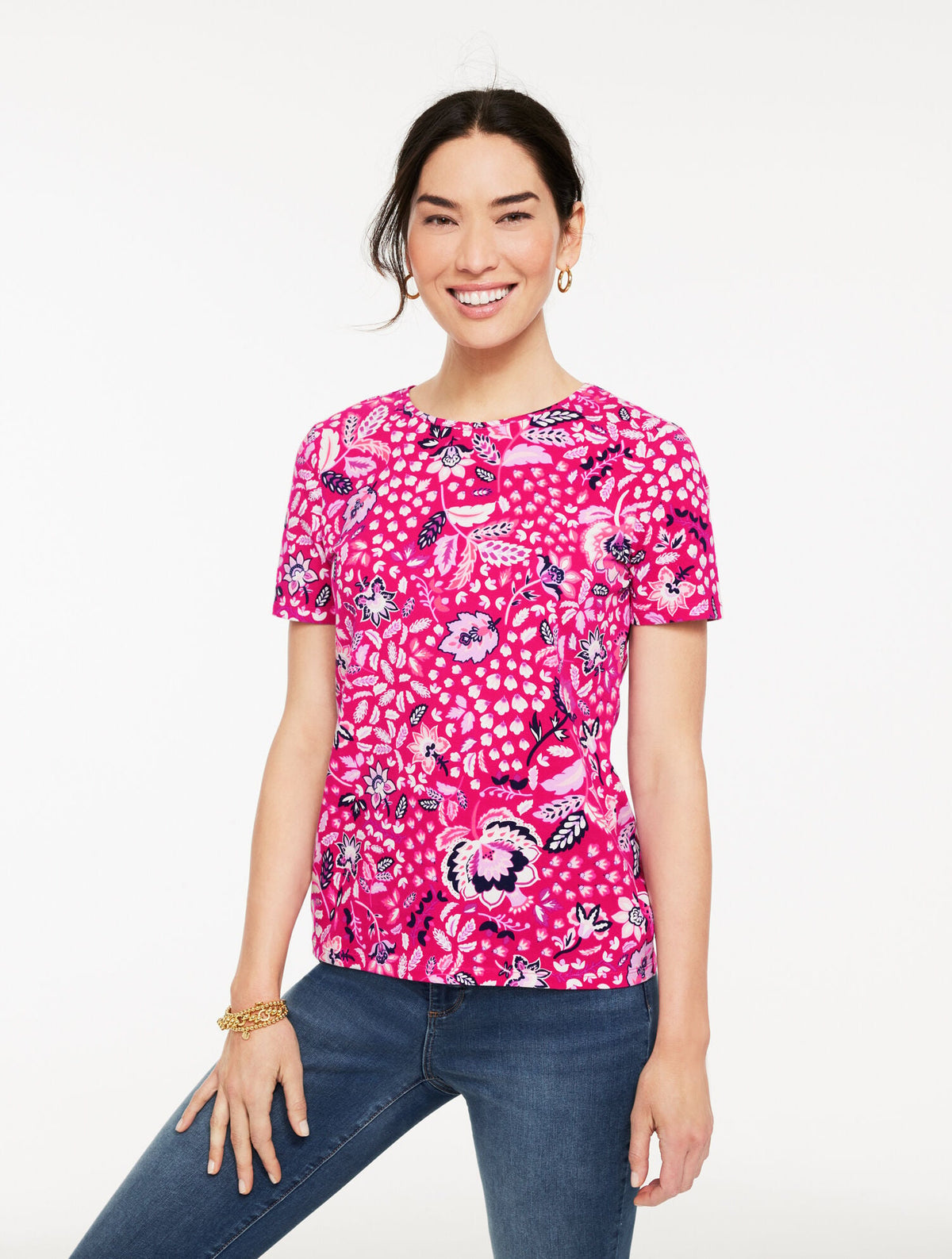 CHERRY WINE/BRIGHT PINK CREWNECK TEE - JOYFUL JACOBEAN | Talbots near me