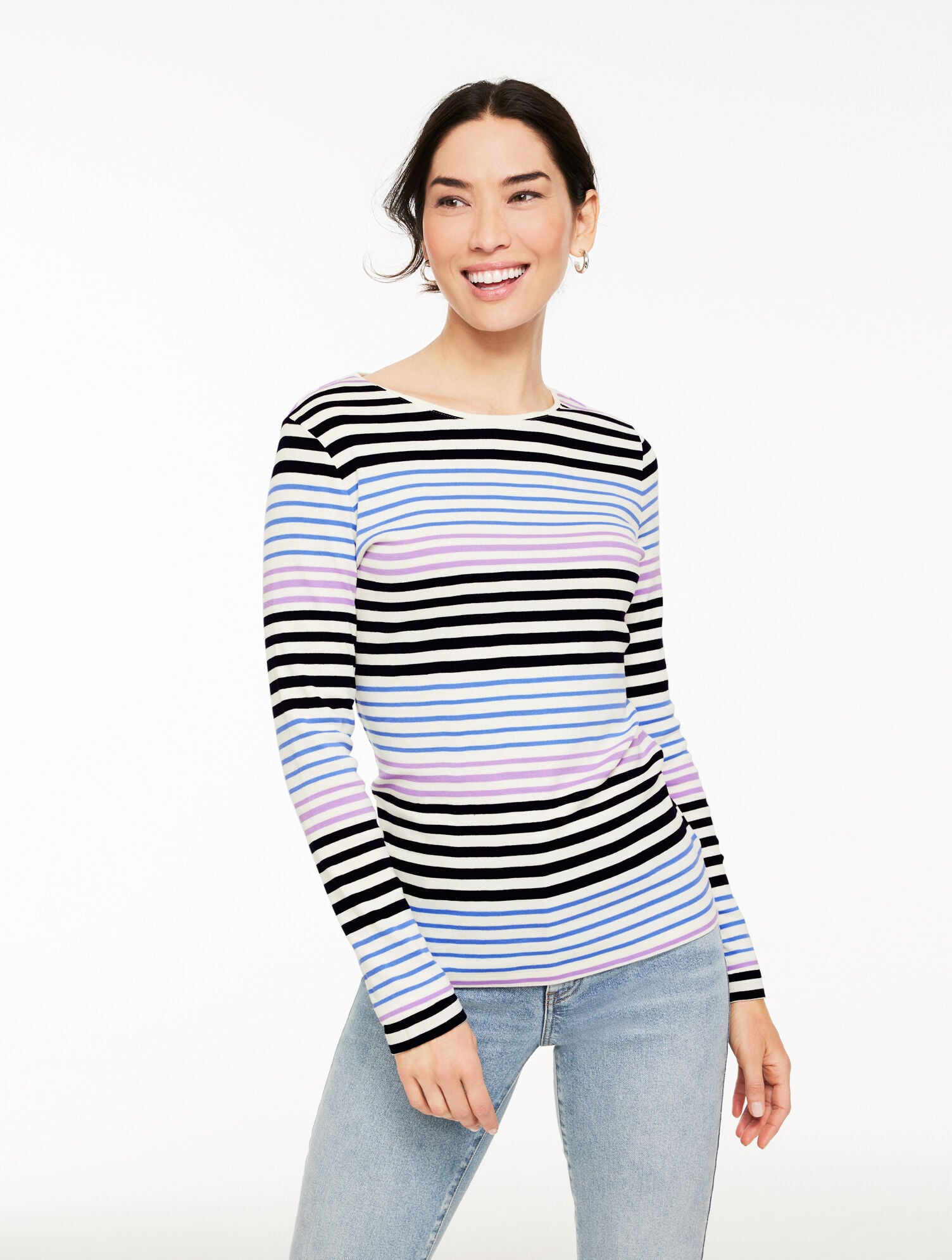 IVORY MULTI LONG SLEEVE CREWNECK TEE - KRISTY STRIPE | Talbots near me