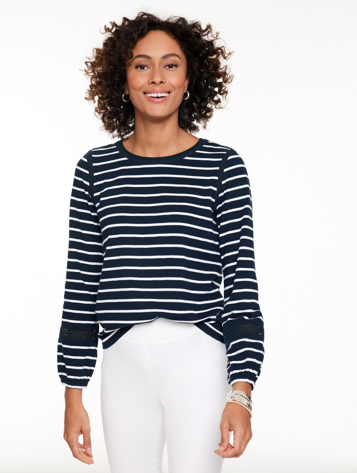INDIGO/WHITE|WHITE/SESAME|WHITE/SPRING LILAC MODERN ROMANCE LACE TRIM TOP - LORELAI STRIPE | Talbots US