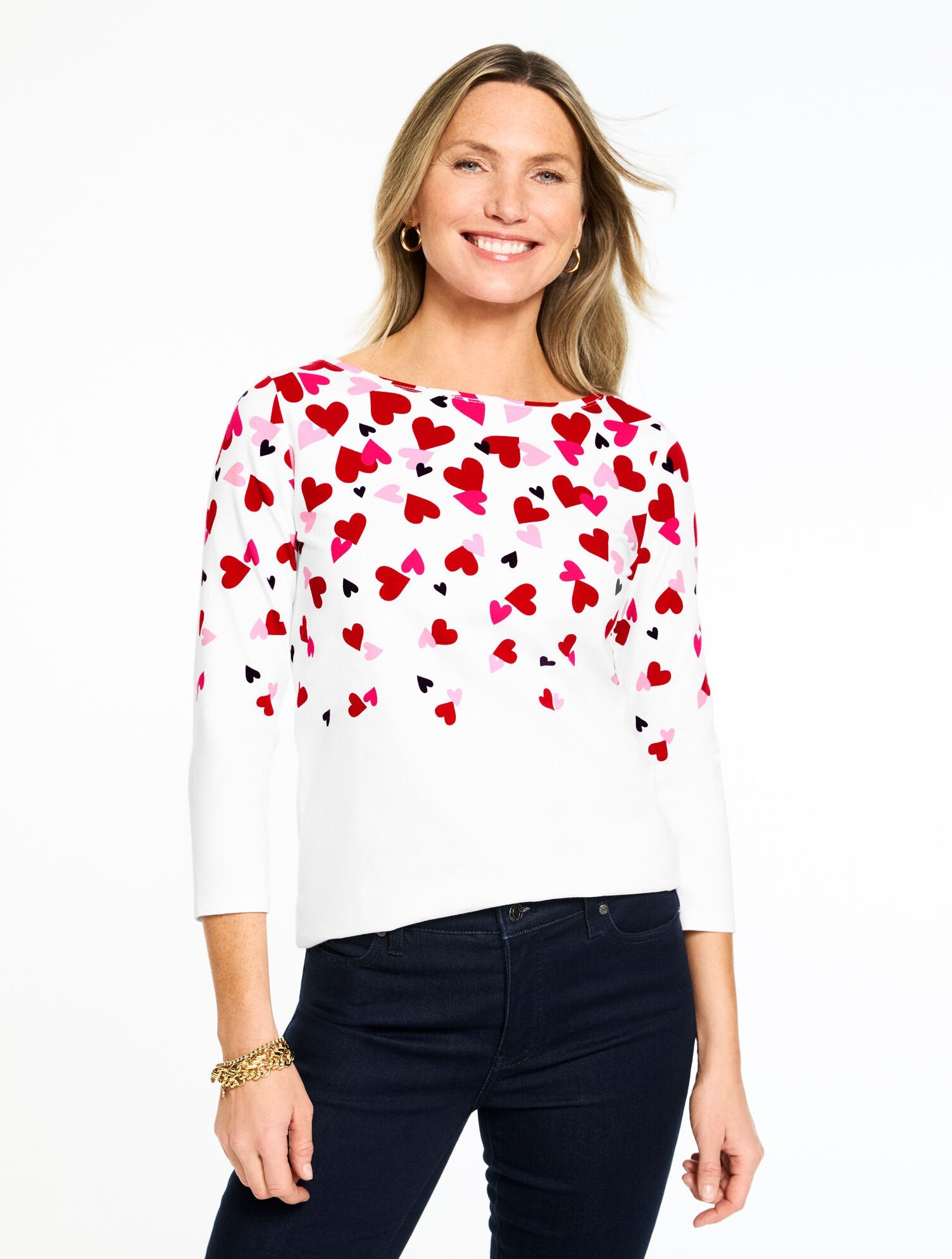 WHITE MULTI BATEAU NECK TEE - SCATTERED HEARTS | Talbots on sale