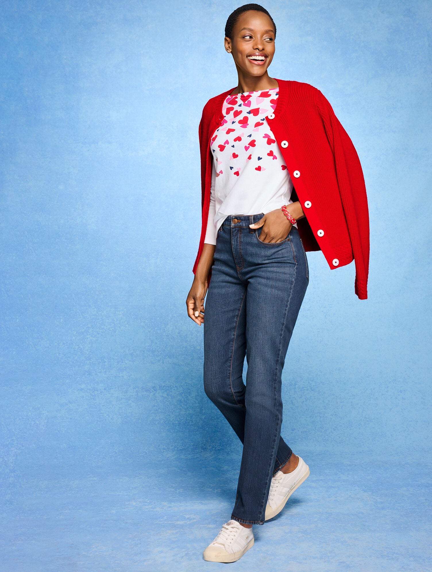 WHITE MULTI BATEAU NECK TEE - SCATTERED HEARTS | Talbots on sale