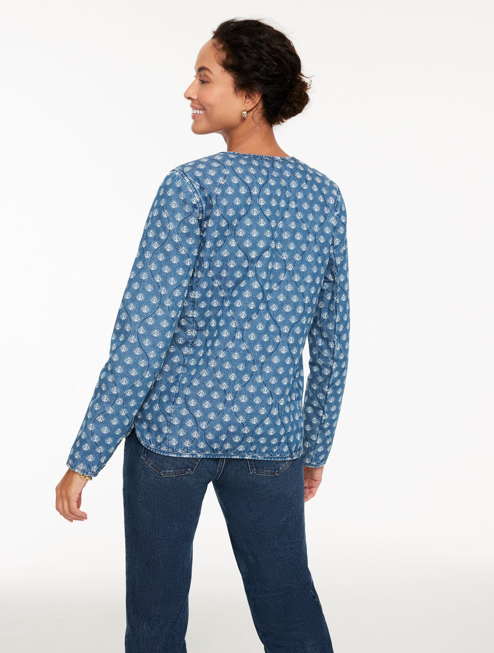 SUPER LIGHT WASH QUILTED DENIM JACKET - IKAT MEDALLION | Talbots outlet