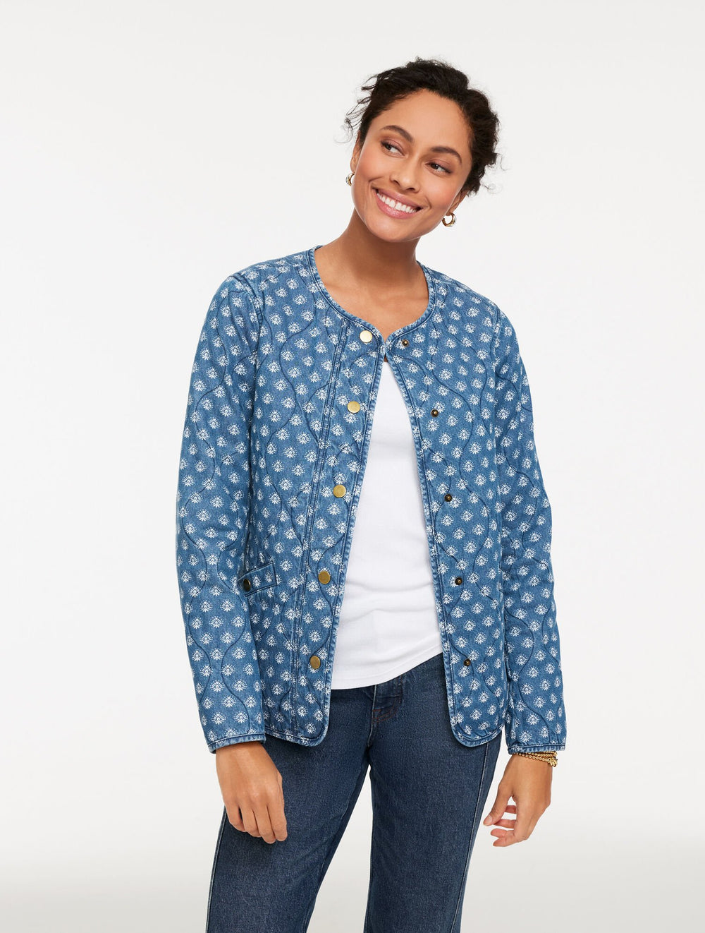 SUPER LIGHT WASH QUILTED DENIM JACKET - IKAT MEDALLION | Talbots outlet