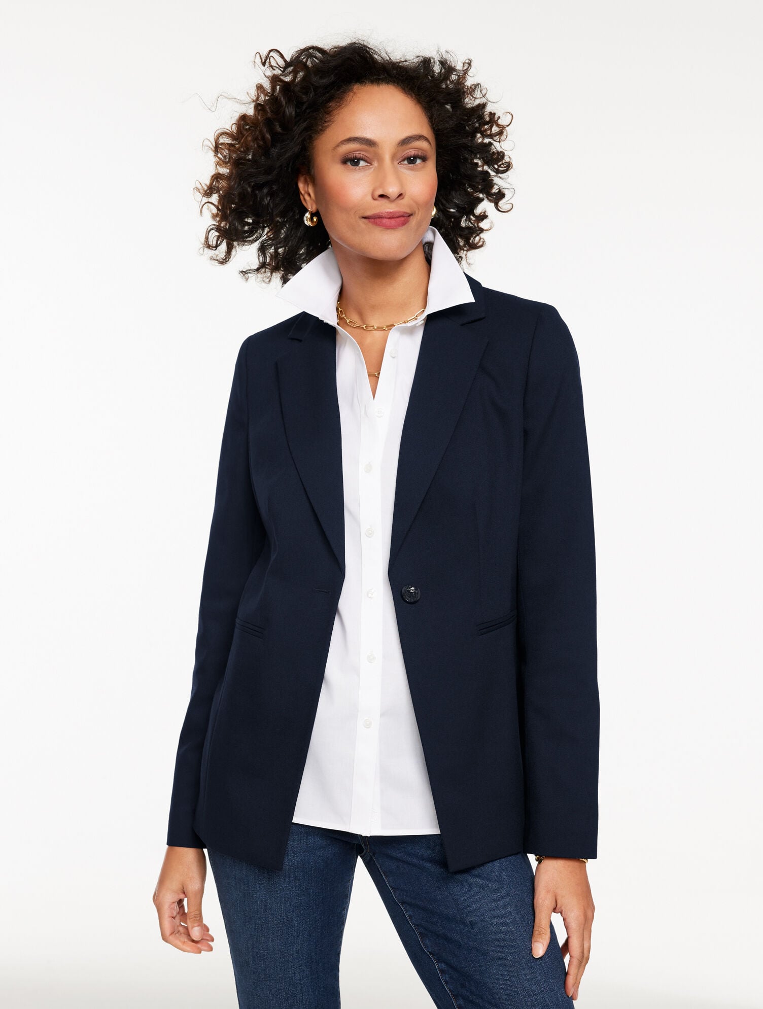 BLACK|INDIGO|IVORY SINGLE BUTTON TWILL BLAZER | Talbots outlet