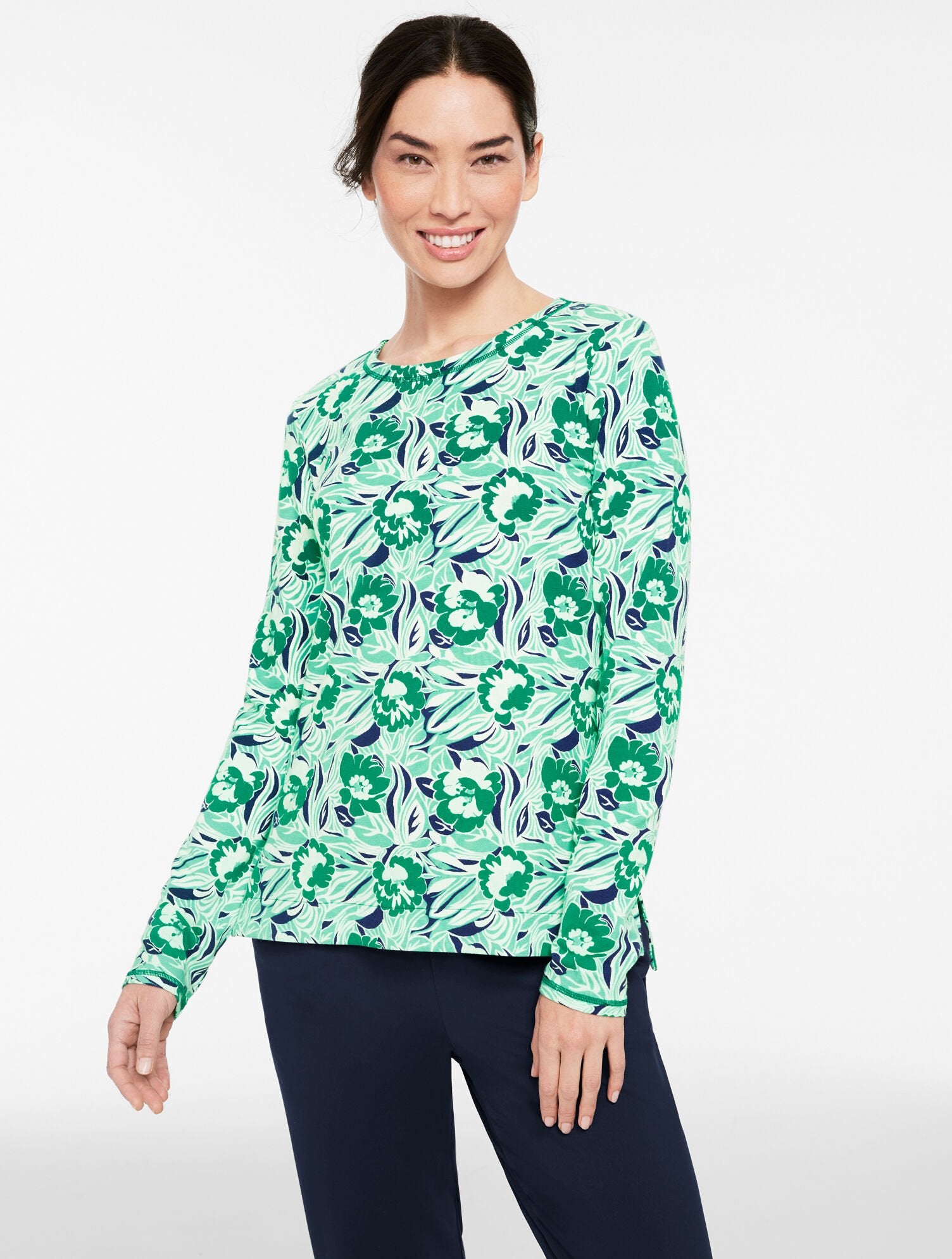INDIA INK/WILLOW GREEN|PINK PEACOCK/INDIA INK SUPERSOFT JERSEY LONG SLEEVE TEE - DANCING FLORAL | Talbots for sale