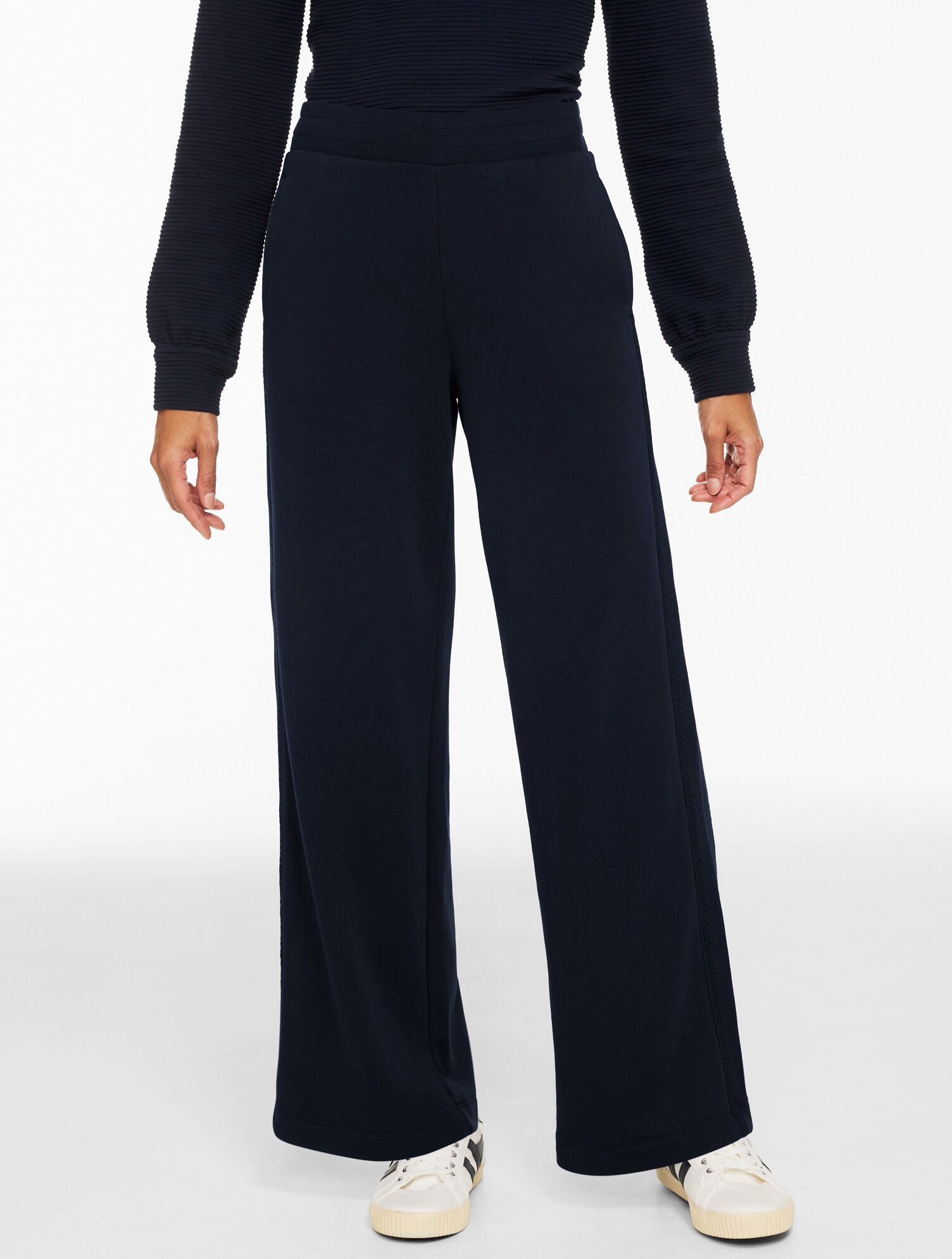 INDIGO BLUE|IVORY COZY FLEECE RELAXED LEG PANTS - PICOT TRIM | Talbots online