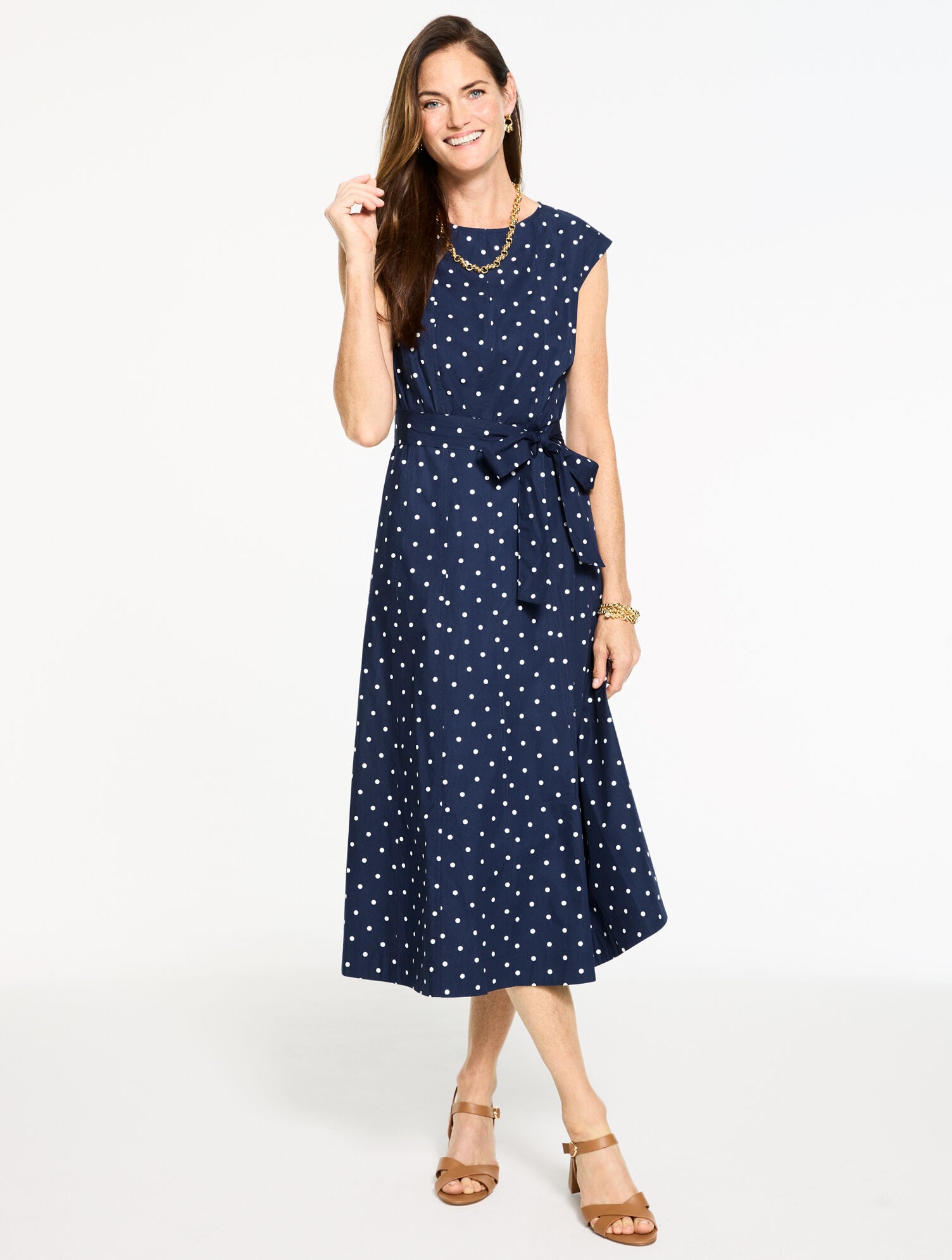 INDIA INK/WHITE CAP SLEEVE POPLIN FIT & FLARE DRESS - GARDEN DOT | Talbots online