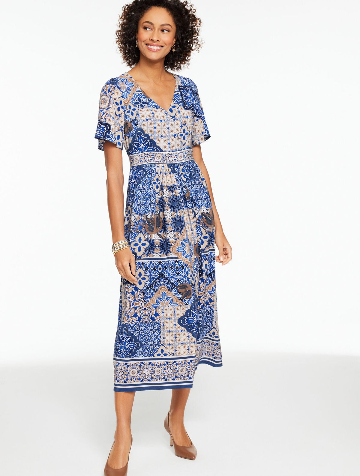 SHORE BLUE MULTI SHORT SLEEVE FIT & FLARE DRESS - CASABLANCA | Talbots for sale