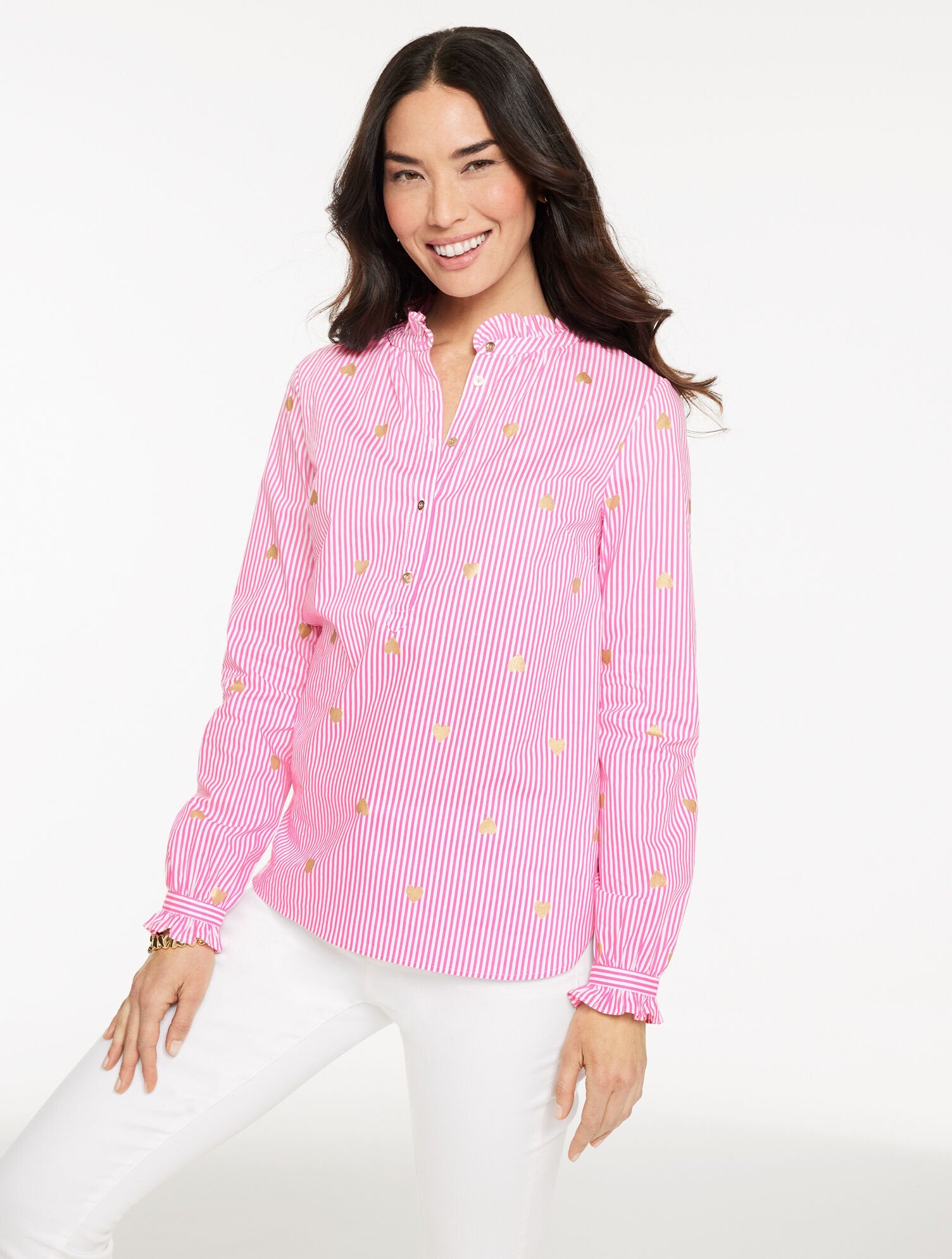 PINK/WHITE/GOLD HEART STRIPE POPLIN TOP | Talbots near me