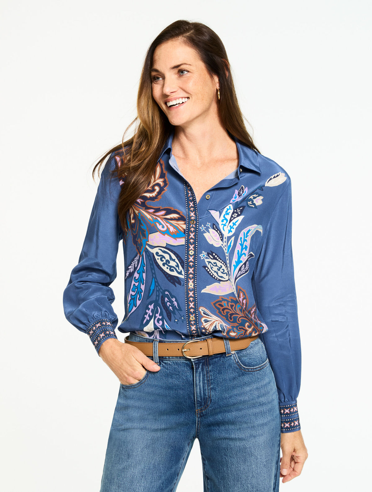 NAVY DUSK MULTI BUTTON FRONT SOFT SHIRT - INTRICATE JACOBEAN | Talbots sale