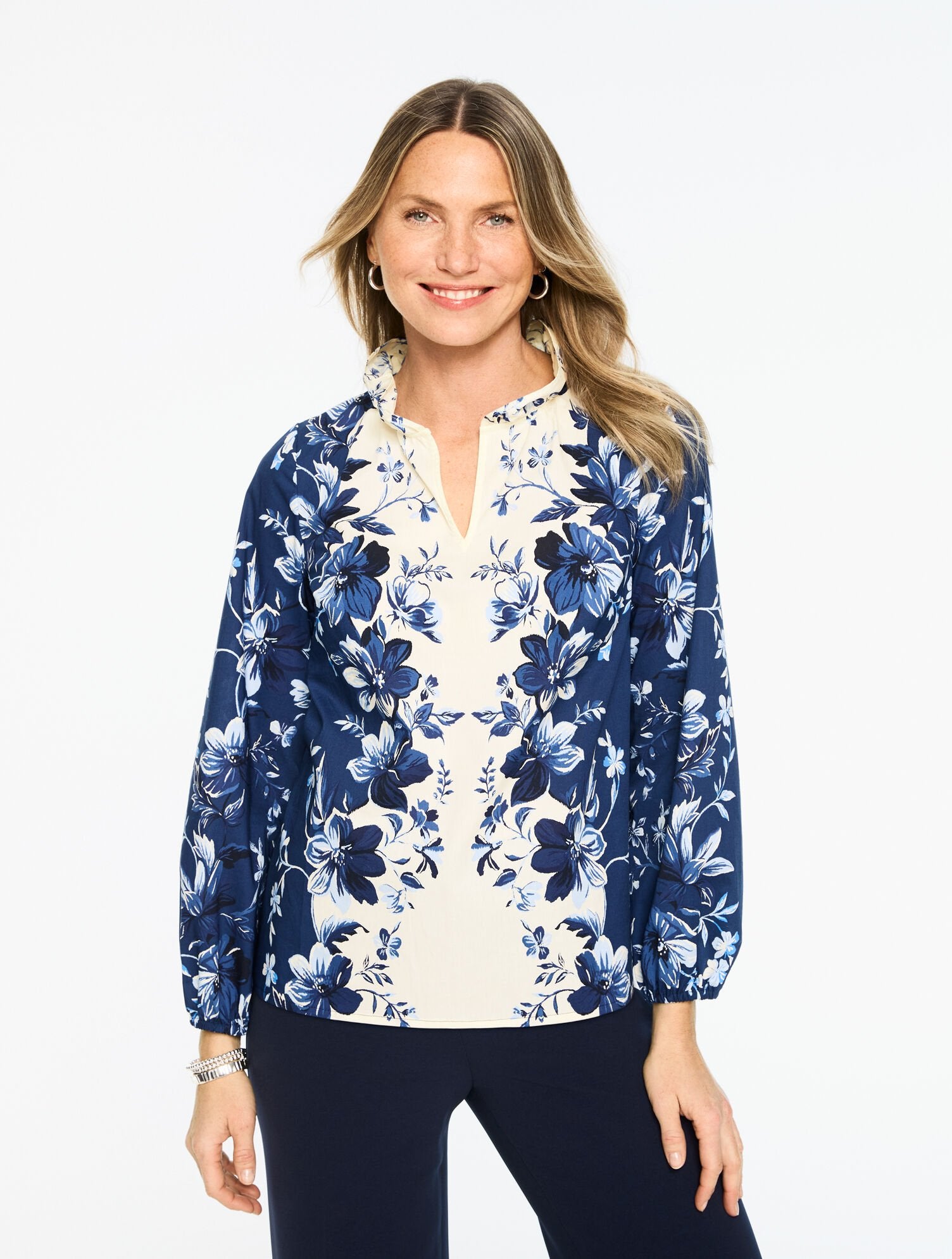 INDIA INK MULTI EXQUISITE BLOOMS POPLIN TOP | Talbots discount