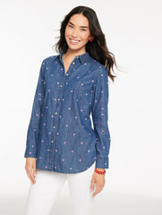 INDIGO NIGHT WASH DENIM BUTTON FRONT SHIRT - VALENTINE HEART | Talbots outlet