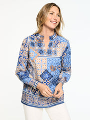SHORE BLUE MULTI WATERCOLOR TILES POPLIN TOP | Talbots for sale
