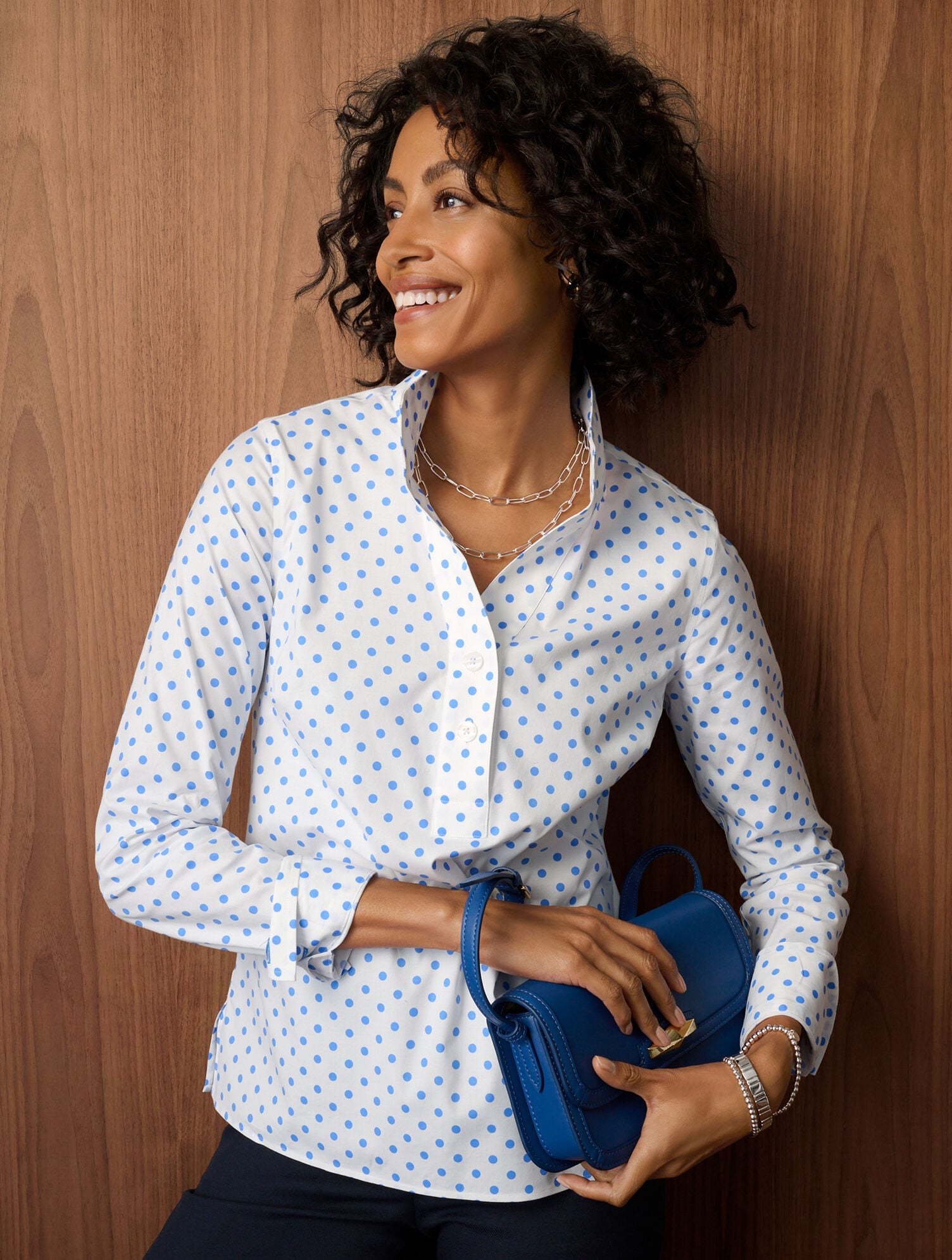 WHITE/SHORE BLUE NON-IRON TUNIC POPOVER - LOVELY DOT | Talbots online