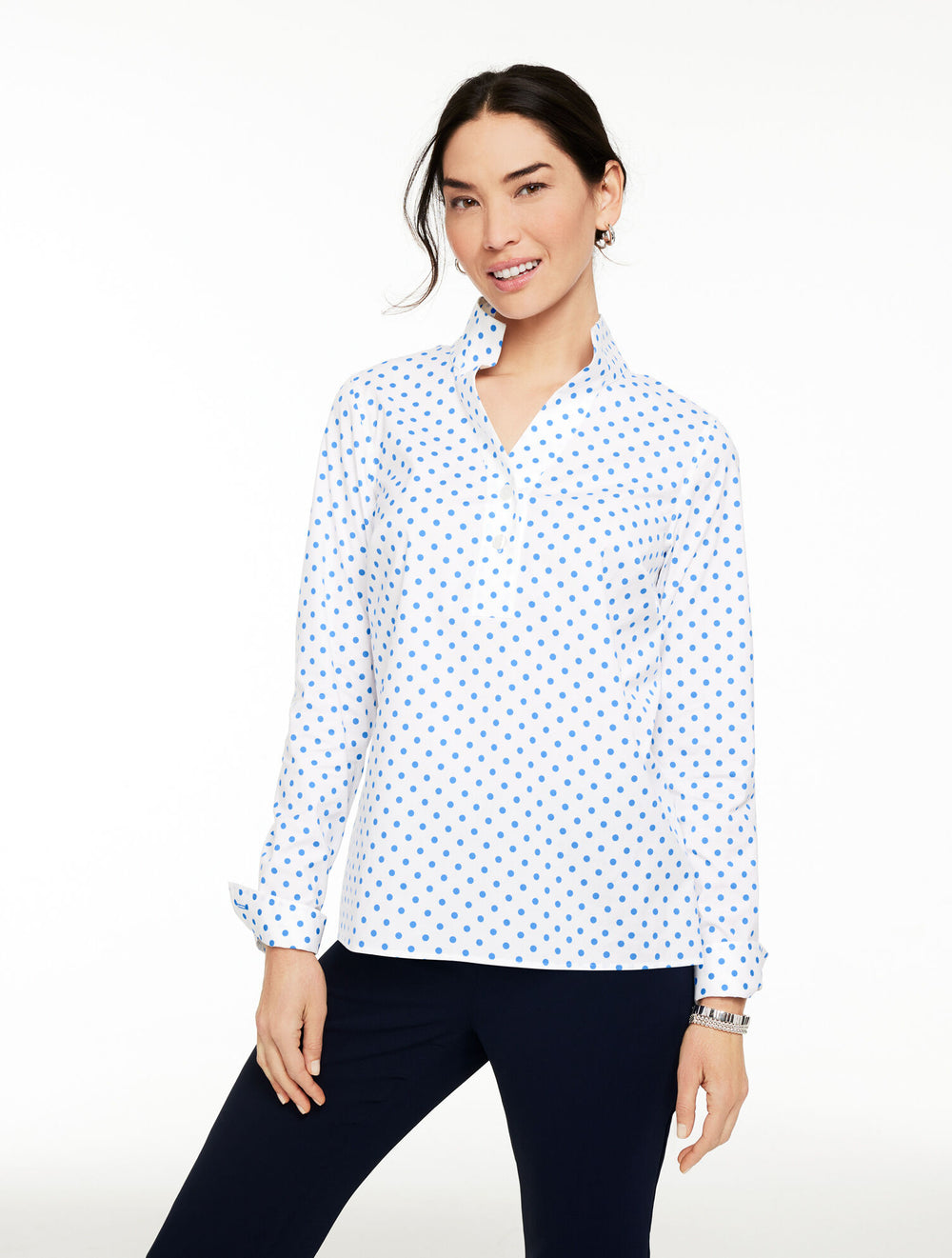 WHITE/SHORE BLUE NON-IRON TUNIC POPOVER - LOVELY DOT | Talbots online
