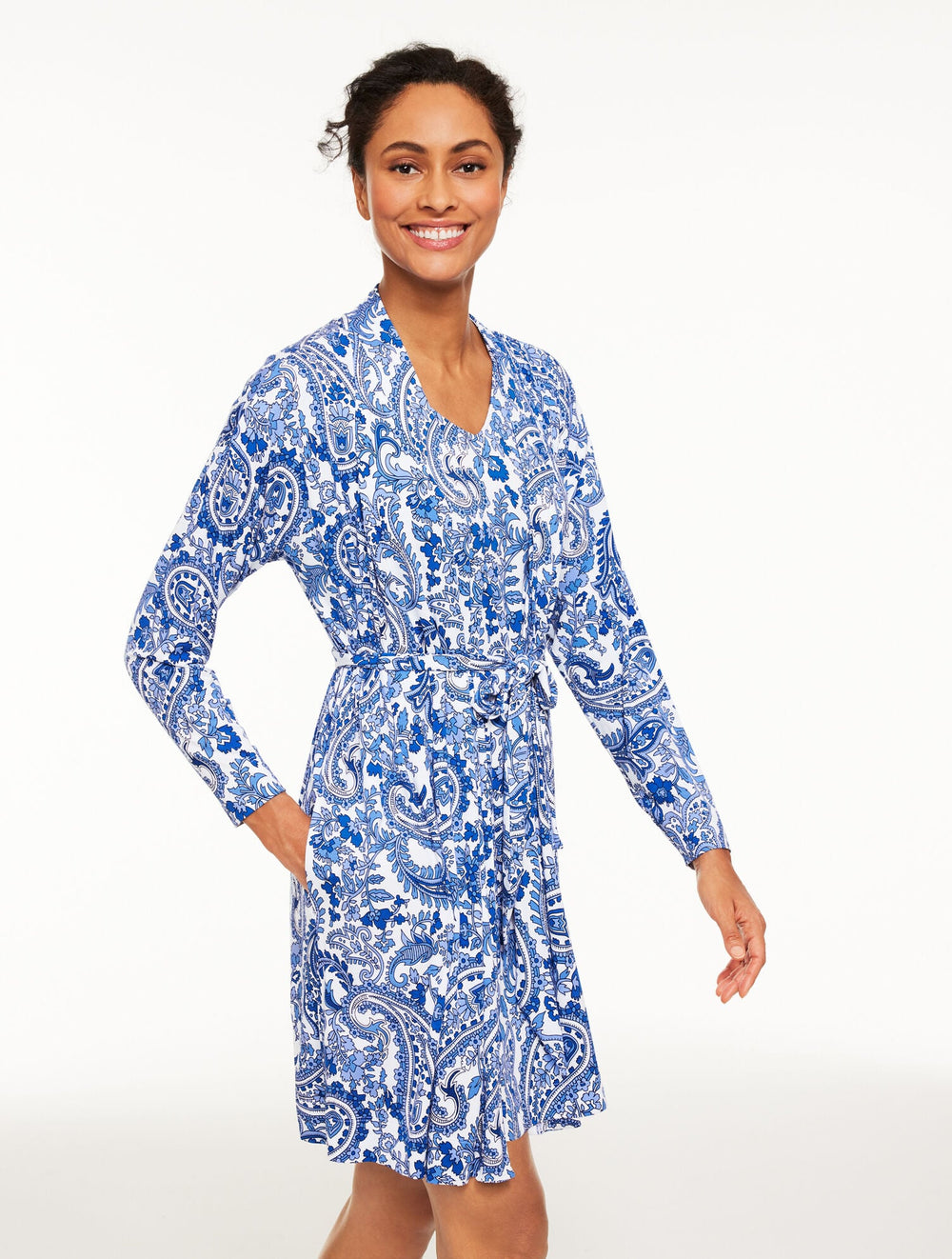 VISTA BLUE MULTI TALBOTS X SOMA COOL NIGHTS SHORT ROBE - ALLYAH PAISLEY | Talbots discount