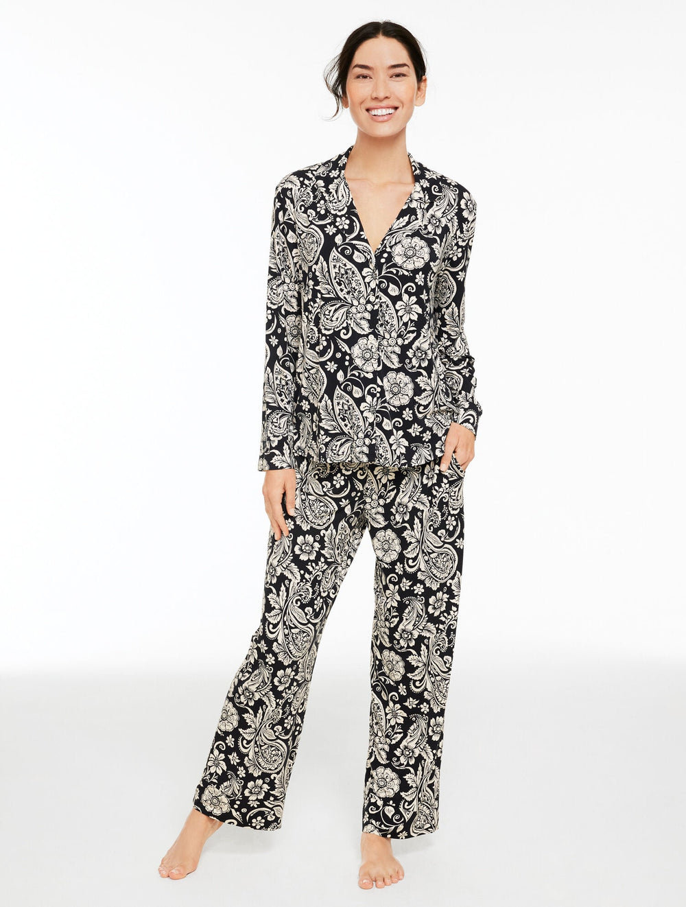 BLACK/IVORY TALBOTS X SOMA COOL NIGHTS LONG SLEEVE & PANT PAJAMA SET - PAISLEY BLOOMS | Talbots outlet