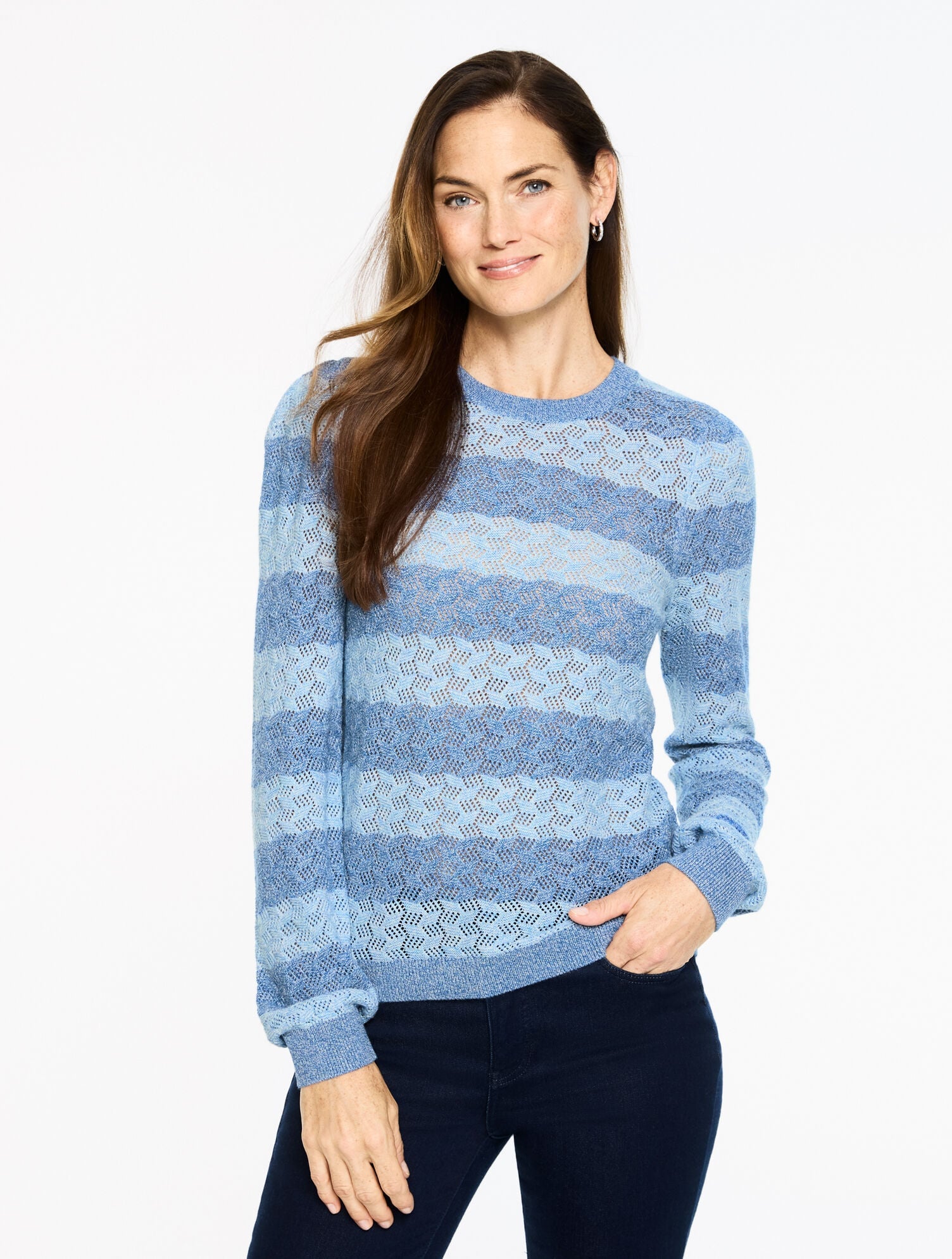 DENIM/LAKESIDE BLUE HTHR TEXTURE STITCH CREWNECK SWEATER - STRIPE | Talbots outlet