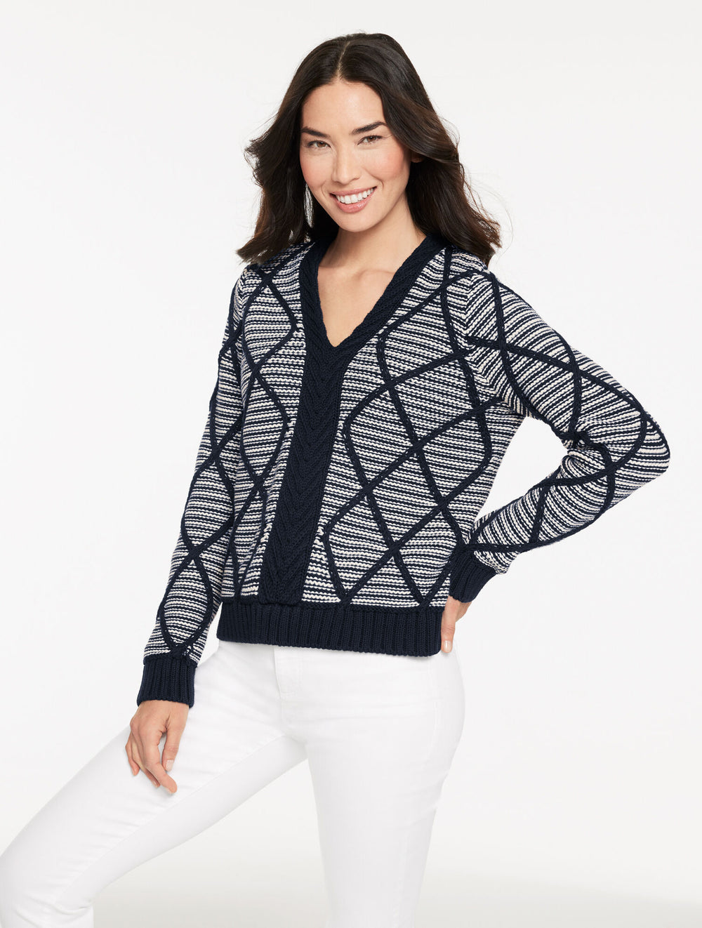 INDIGO BLUE/IVORY DIAMOND CABLE V-NECK PULLOVER - STRIPE | Talbots online