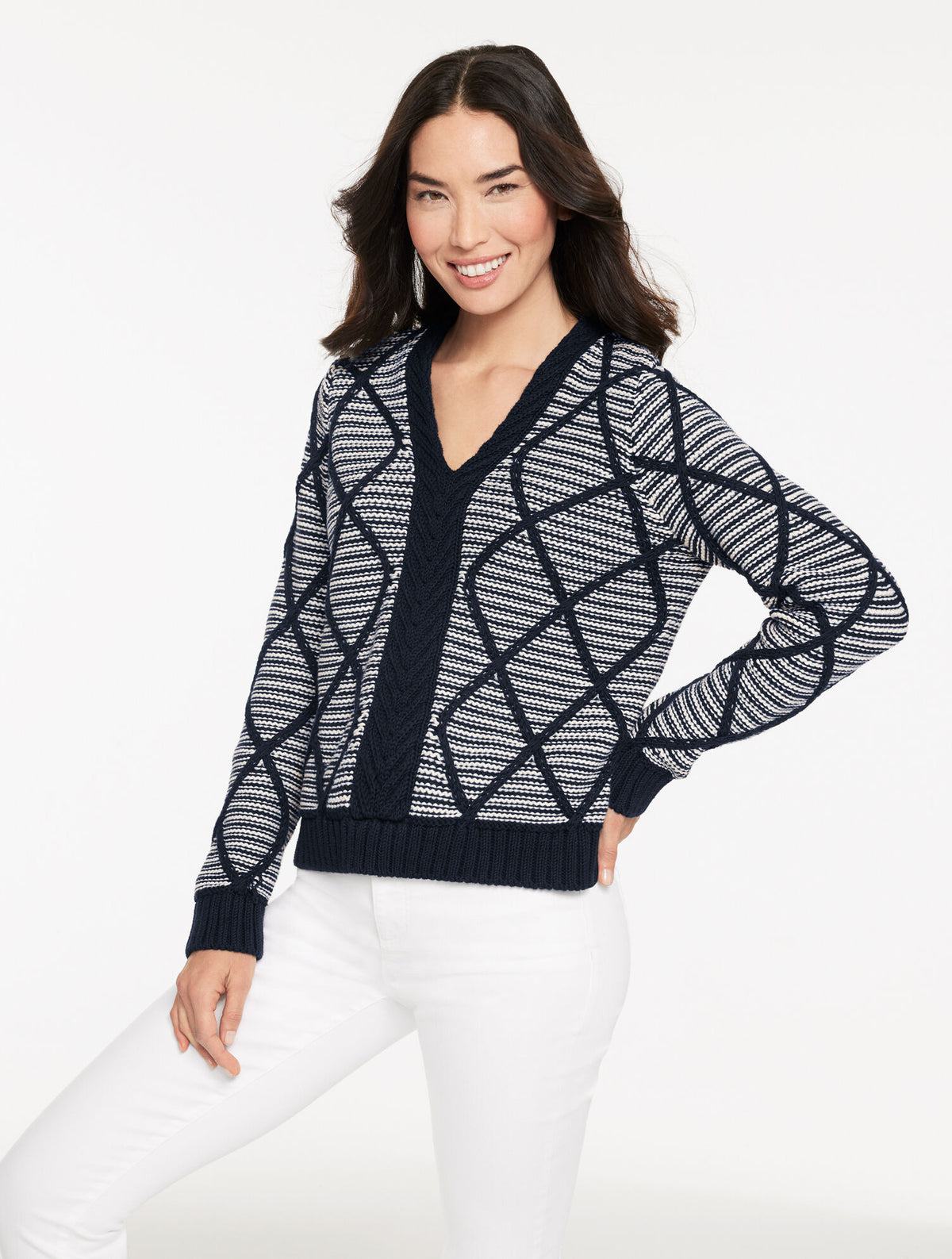 INDIGO BLUE/IVORY DIAMOND CABLE V-NECK PULLOVER - STRIPE | Talbots online