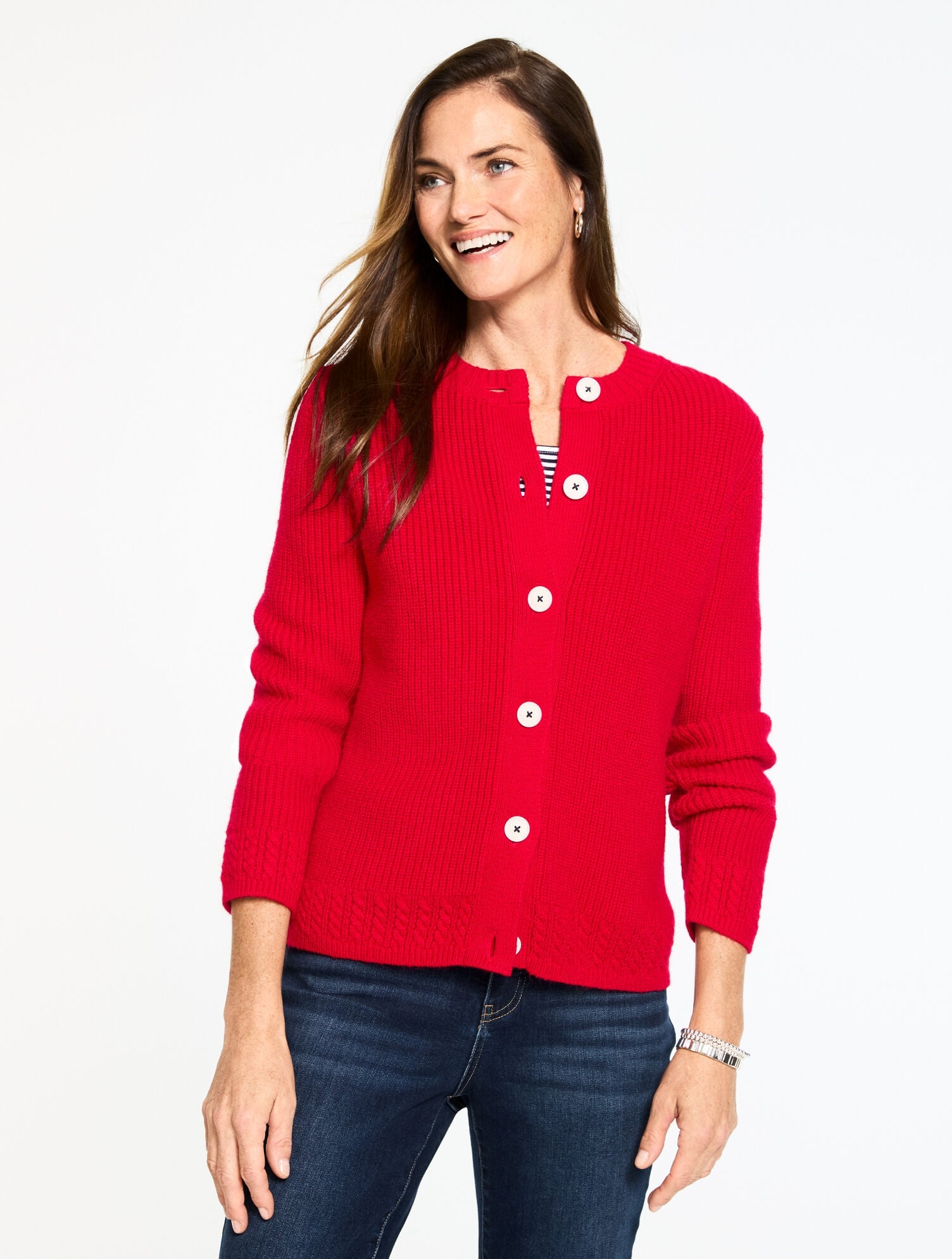 IVORY|JASPER HEATHER|RED POP SHAKER STITCH CREWNECK CARDIGAN | Talbots online