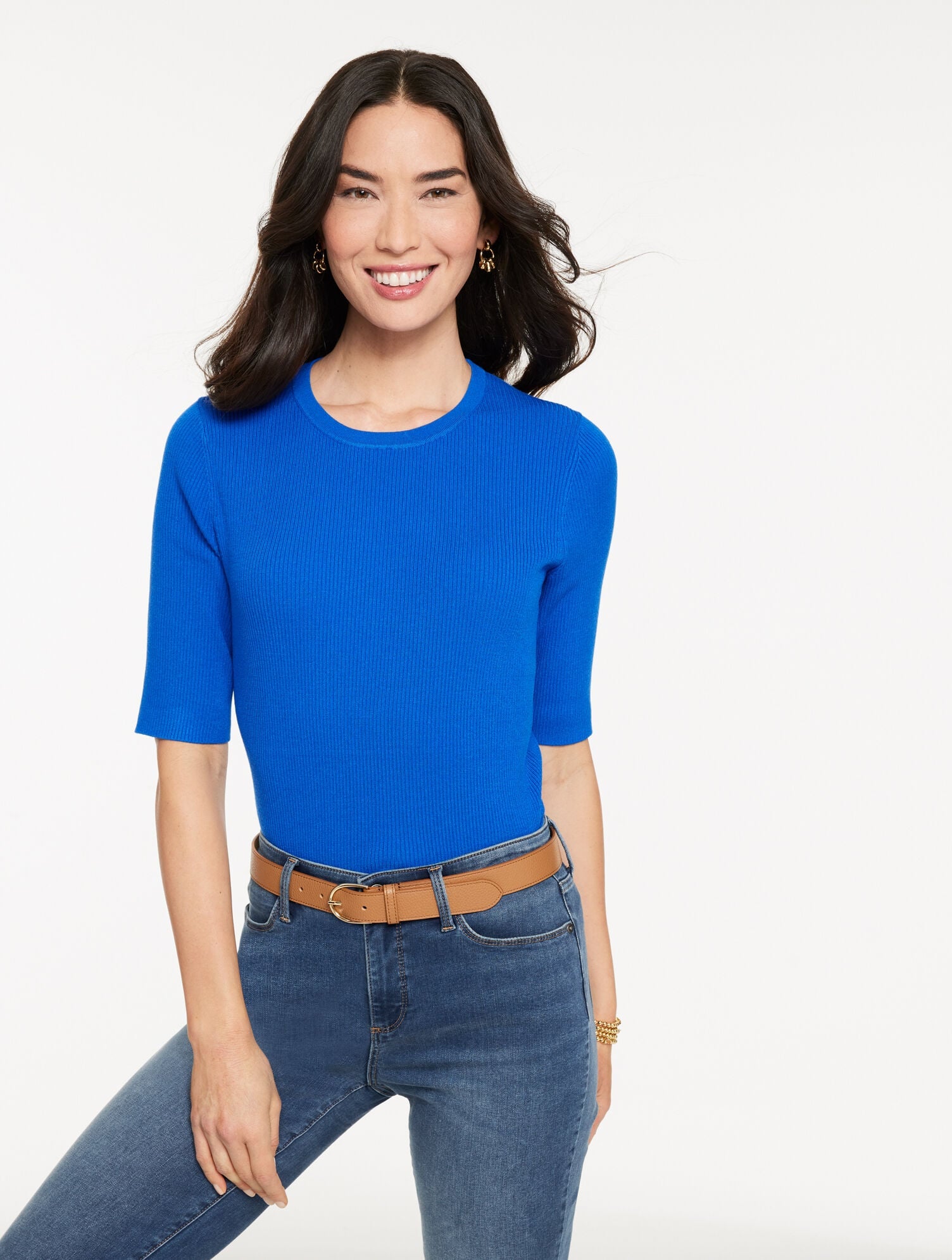 BLUEBERRY|COBBLESTONE HEATHER|IVORY ELBOW SLEEVE RIBBED CREWNECK SWEATER | Talbots for sale