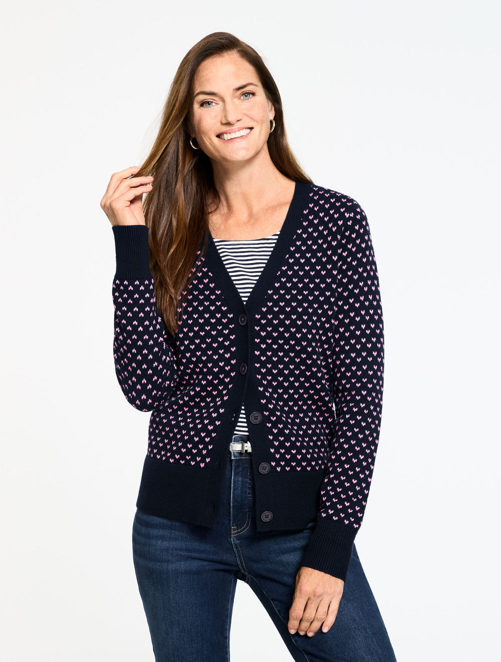INDIGO BLUE/LILAC CHIFFON HEART V-NECK CARDIGAN | Talbots US