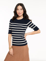 INDIGO/IVORY|IVORY/BRIGHT PINK ELBOW SLEEVE RIBBED CREWNECK SWEATER - STRIPE | Talbots sale