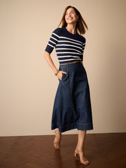 INDIGO/IVORY|IVORY/BRIGHT PINK ELBOW SLEEVE RIBBED CREWNECK SWEATER - STRIPE | Talbots sale