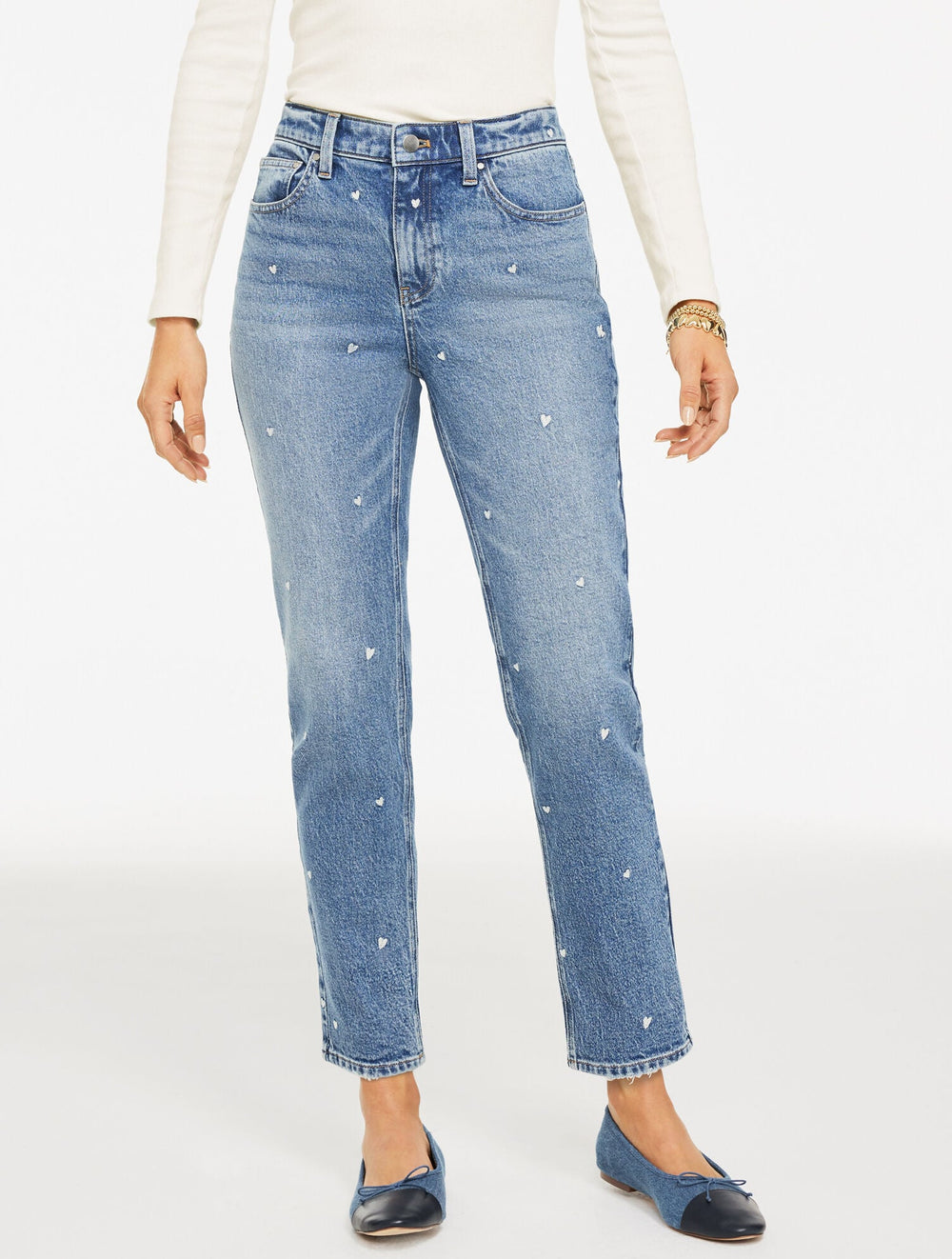 MEDIUM WASH/IVORY SLIM STRAIGHT ANKLE JEANS - TOSSED HEARTS | Talbots US