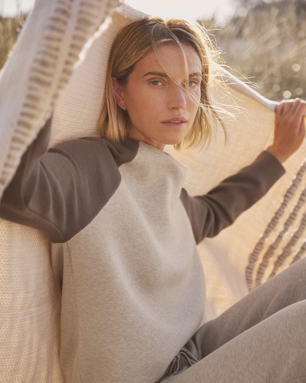 PURE TAUPE HTHR/BROWN VISCOSE BLEND COLORBLOCK CREWNECK | Talbots outlet
