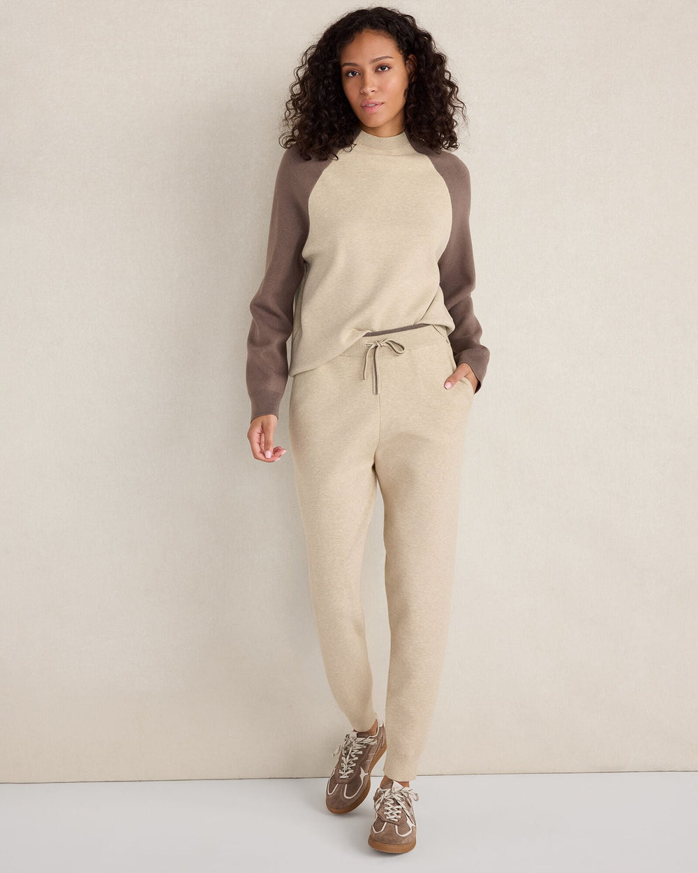 PURE TAUPE HTHR/BROWN VISCOSE BLEND COLORBLOCK CREWNECK | Talbots outlet