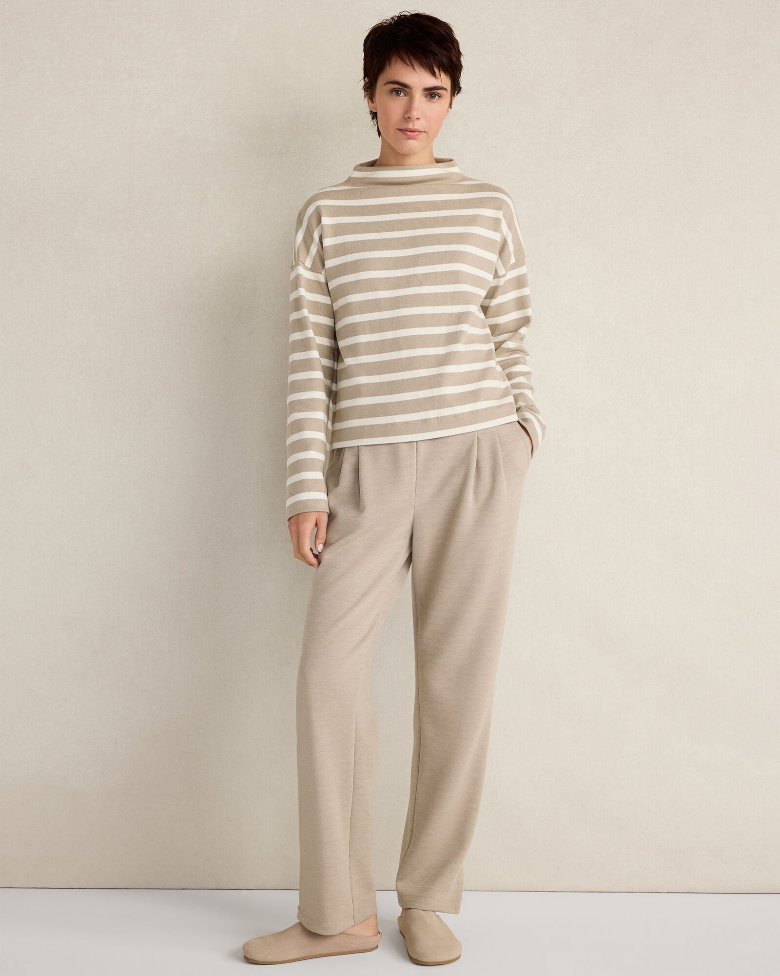 SLEIGH STRIPE/PURE TAUPE ORGANIC COTTON FUNNEL NECK STRIPED PULLOVER | Talbots sale