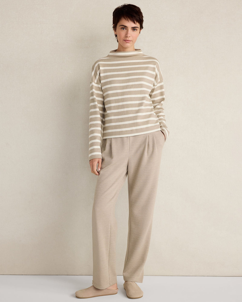 SLEIGH STRIPE/PURE TAUPE ORGANIC COTTON FUNNEL NECK STRIPED PULLOVER | Talbots on sale