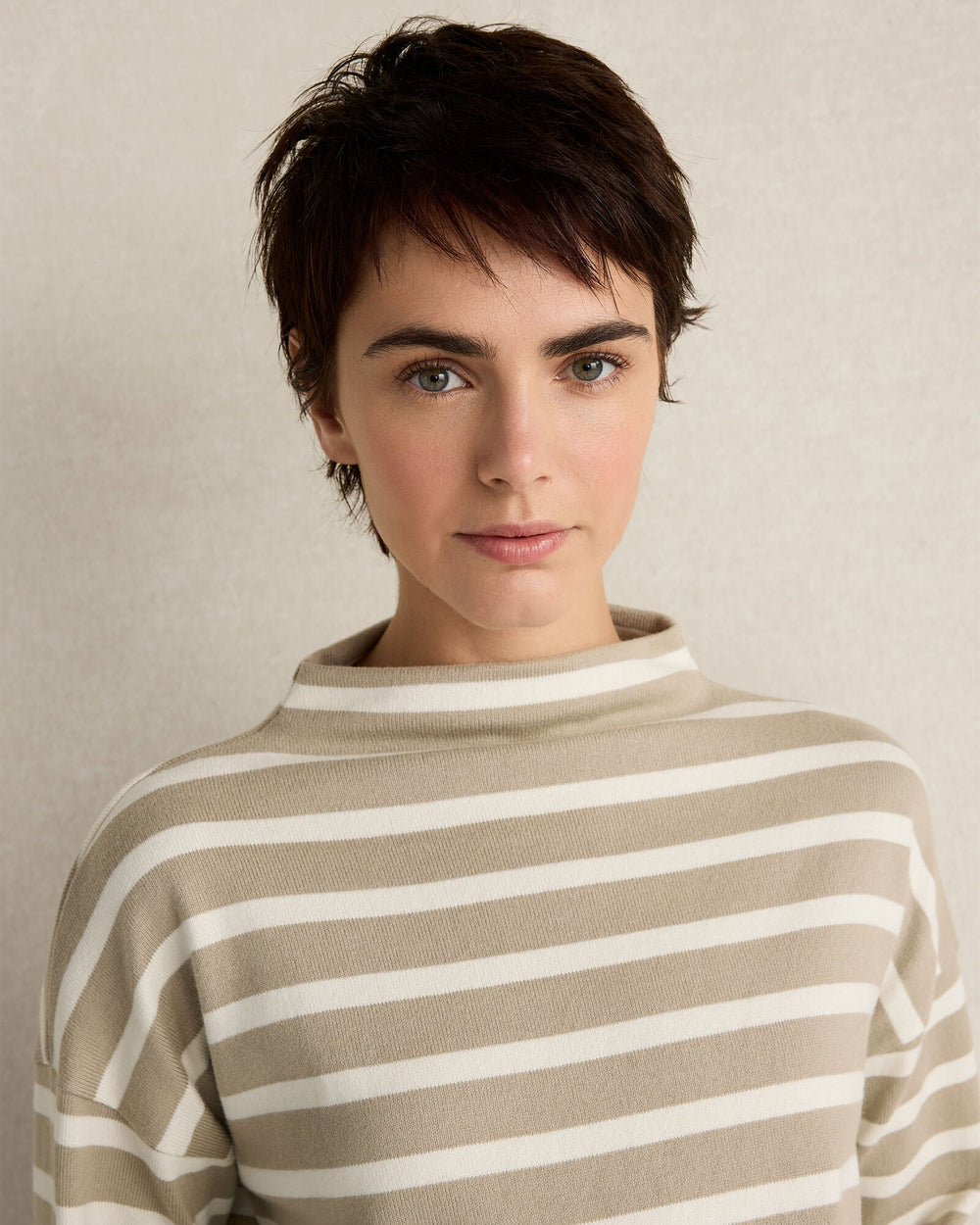 SLEIGH STRIPE/PURE TAUPE ORGANIC COTTON FUNNEL NECK STRIPED PULLOVER | Talbots sale