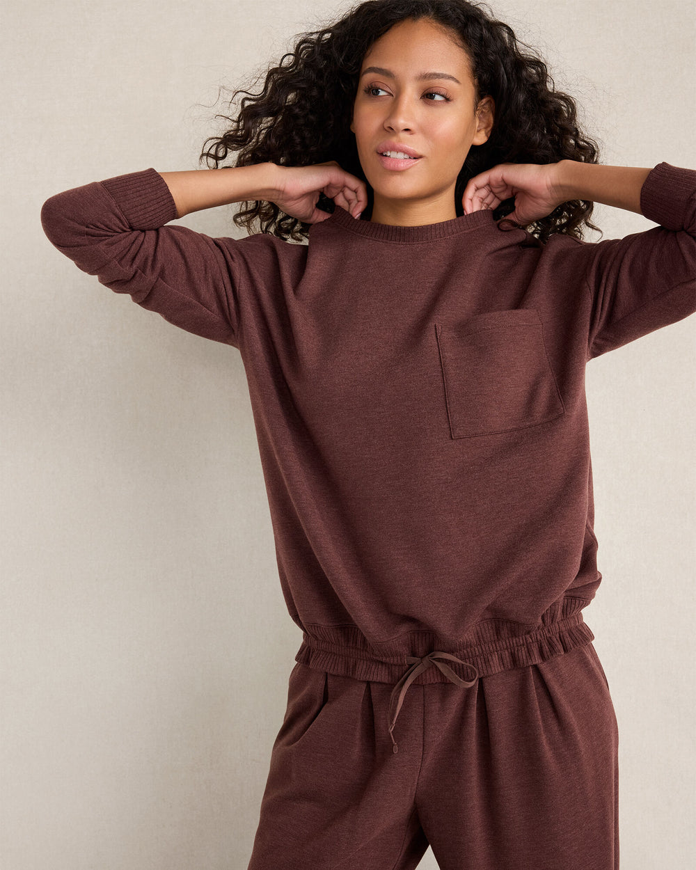 MAHOGANY HTHR FLEECE CINCHED CREWNECK | Talbots for sale