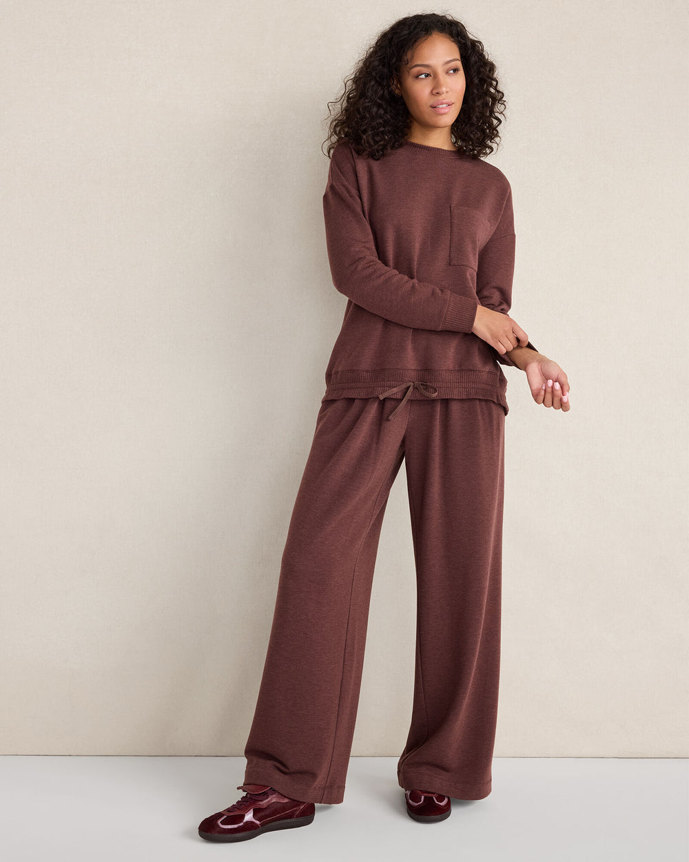 MAHOGANY HTHR FLEECE CINCHED CREWNECK | Talbots for sale
