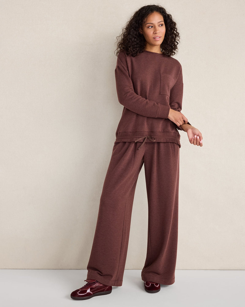 MAHOGANY HTHR FLEECE CINCHED CREWNECK | Talbots online