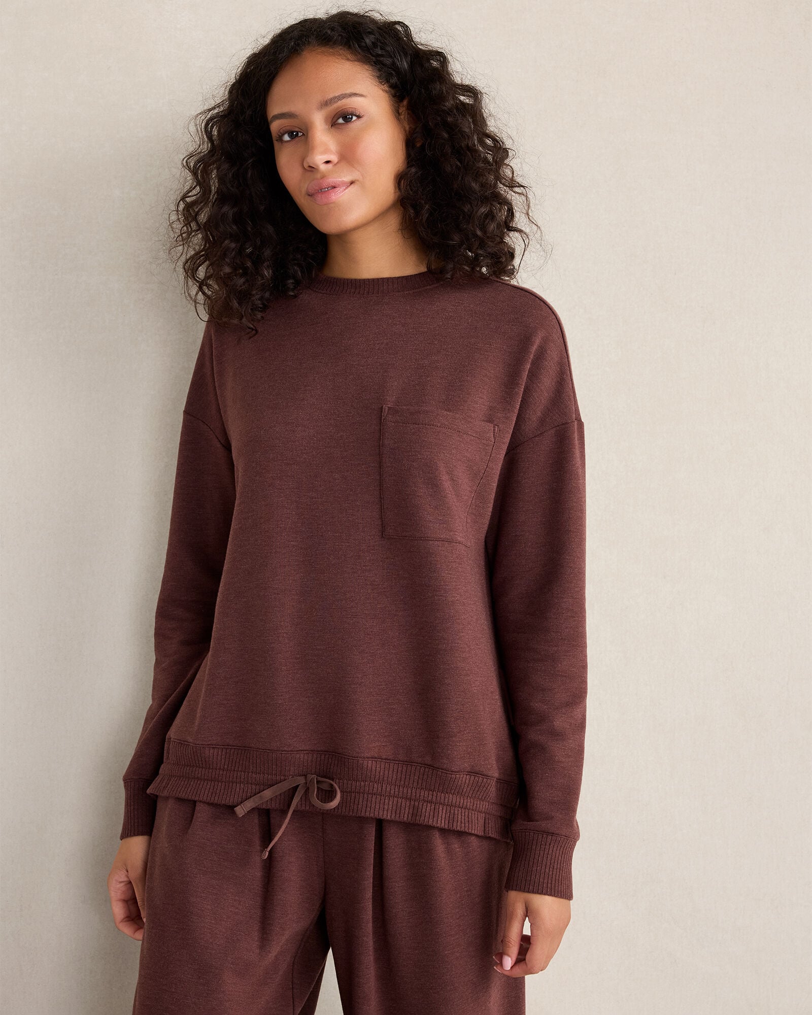 MAHOGANY HTHR FLEECE CINCHED CREWNECK | Talbots online