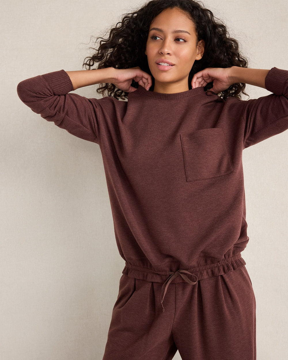 MAHOGANY HTHR FLEECE CINCHED CREWNECK | Talbots outlet