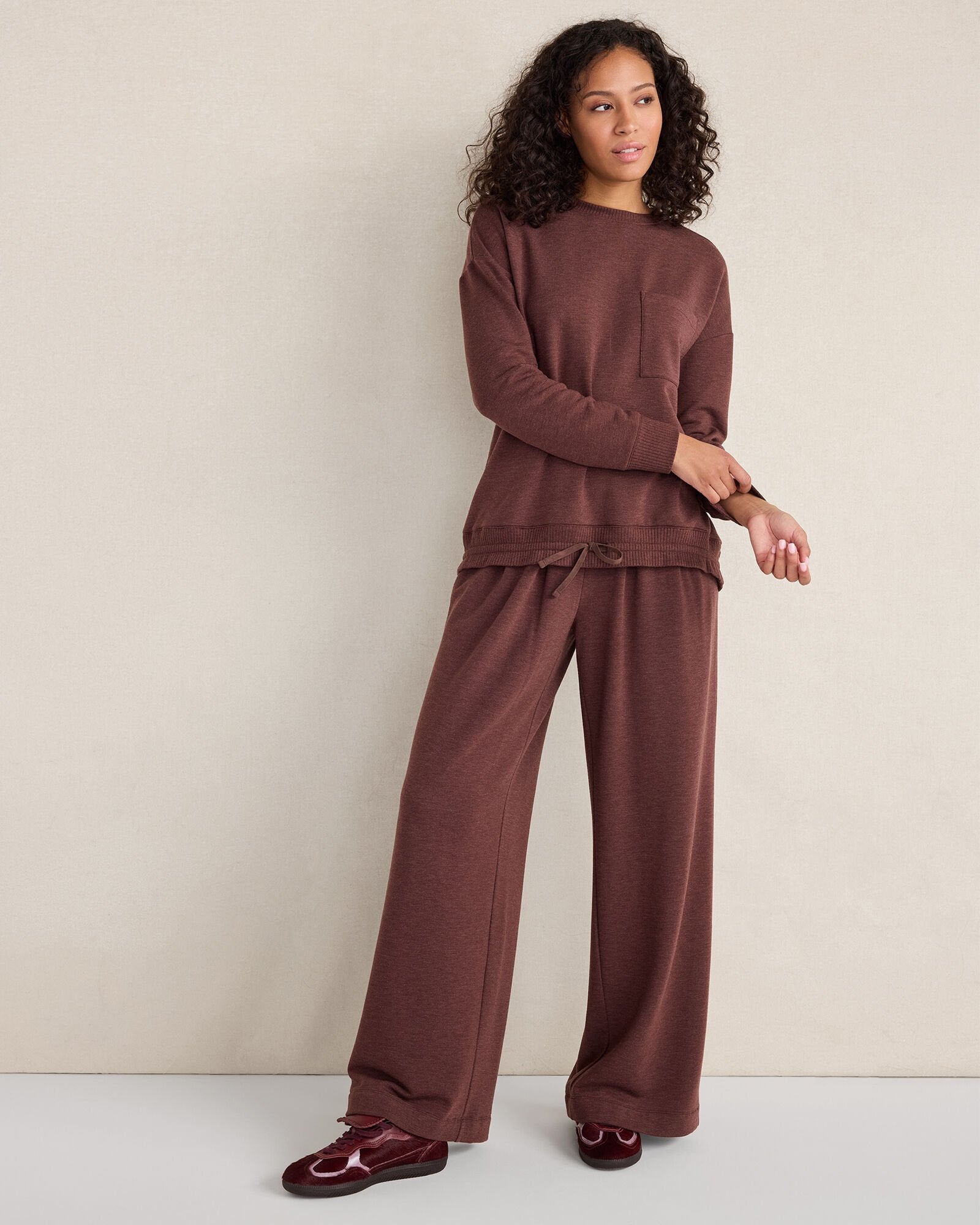 MAHOGANY HTHR FLEECE PLEATED WIDE LEG PANTS | Talbots for sale